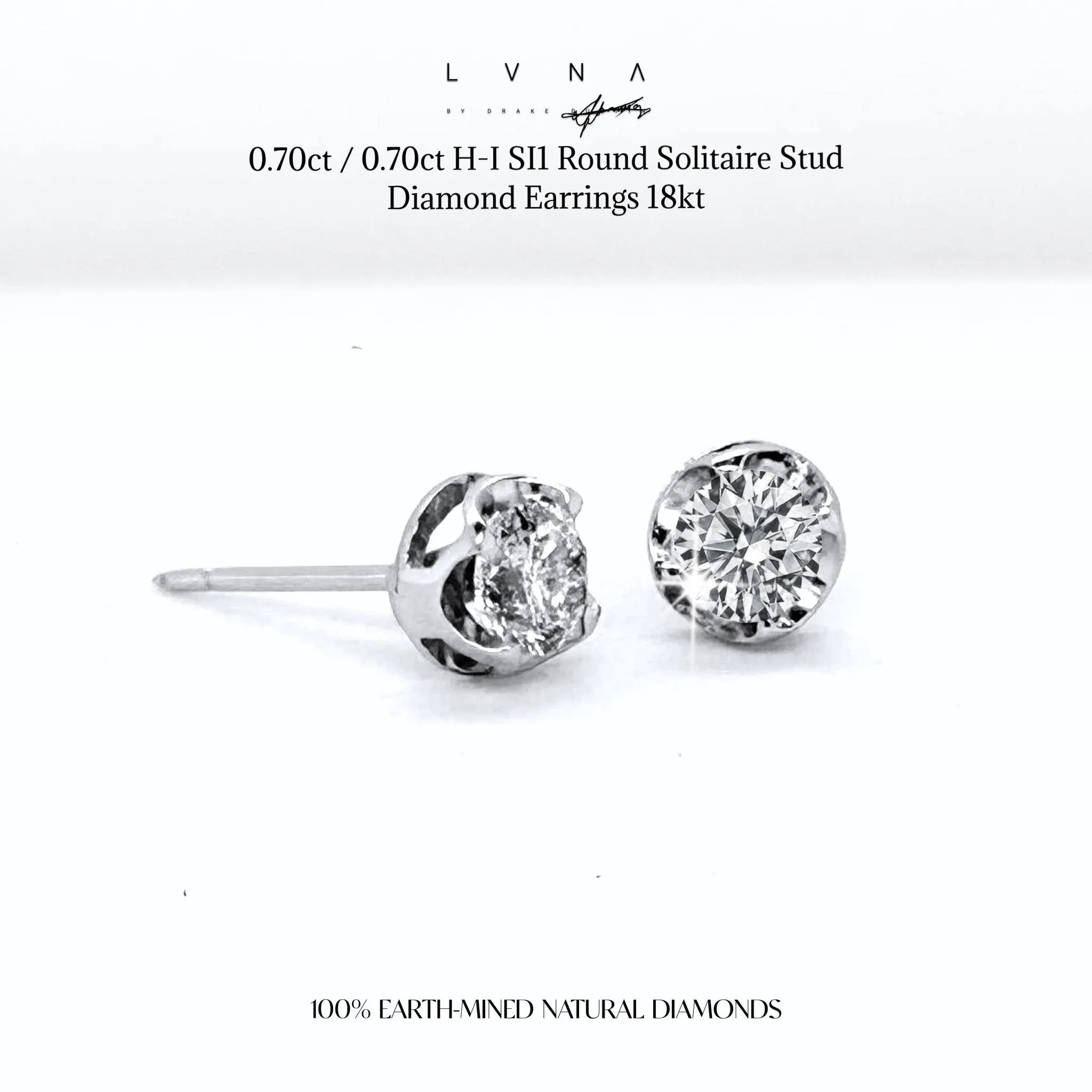 0.70ct / 0.70ct H-I SI1 Round Solitaire Stud Diamond Earrings 18kt