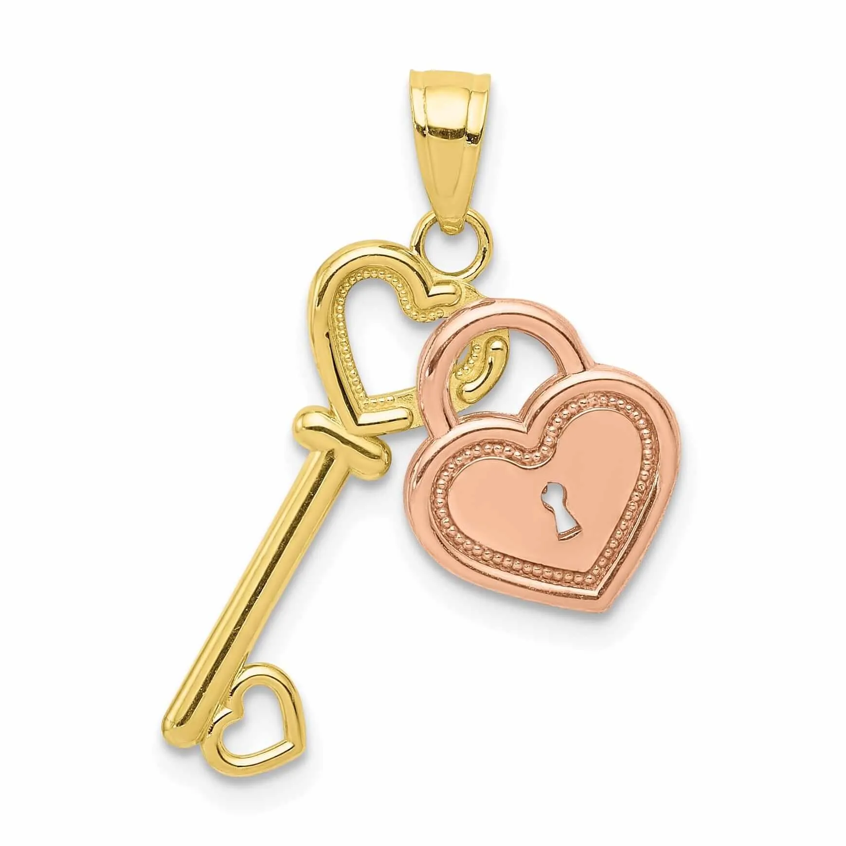 10K Two Tone Gold Heart and Key Charm Pendant