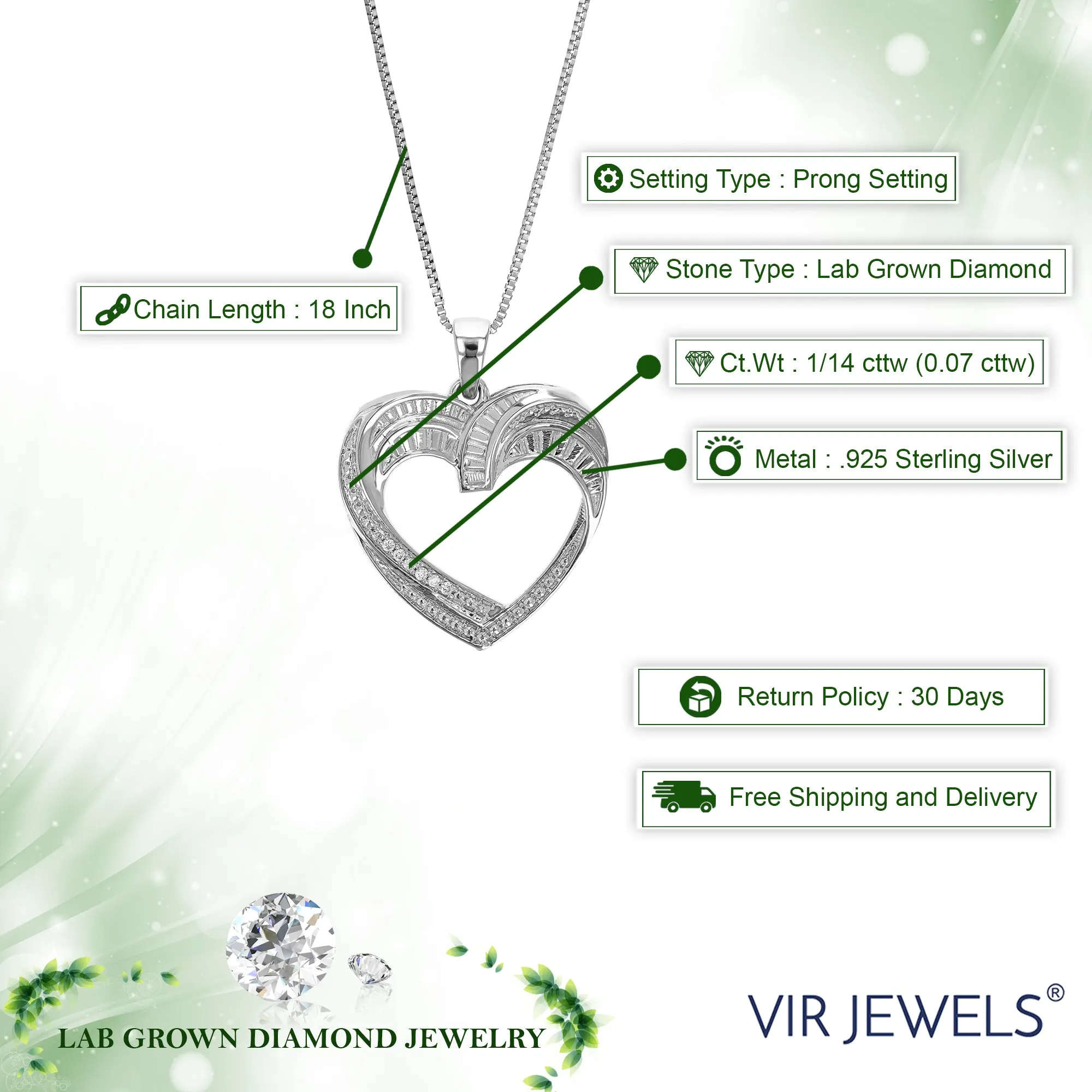 1/14 cttw Lab Grown Diamond Heart Pendant Necklace .925 Sterling Silver 2/3 Inch with 18 Inch Chain, Size 3/4 Inch