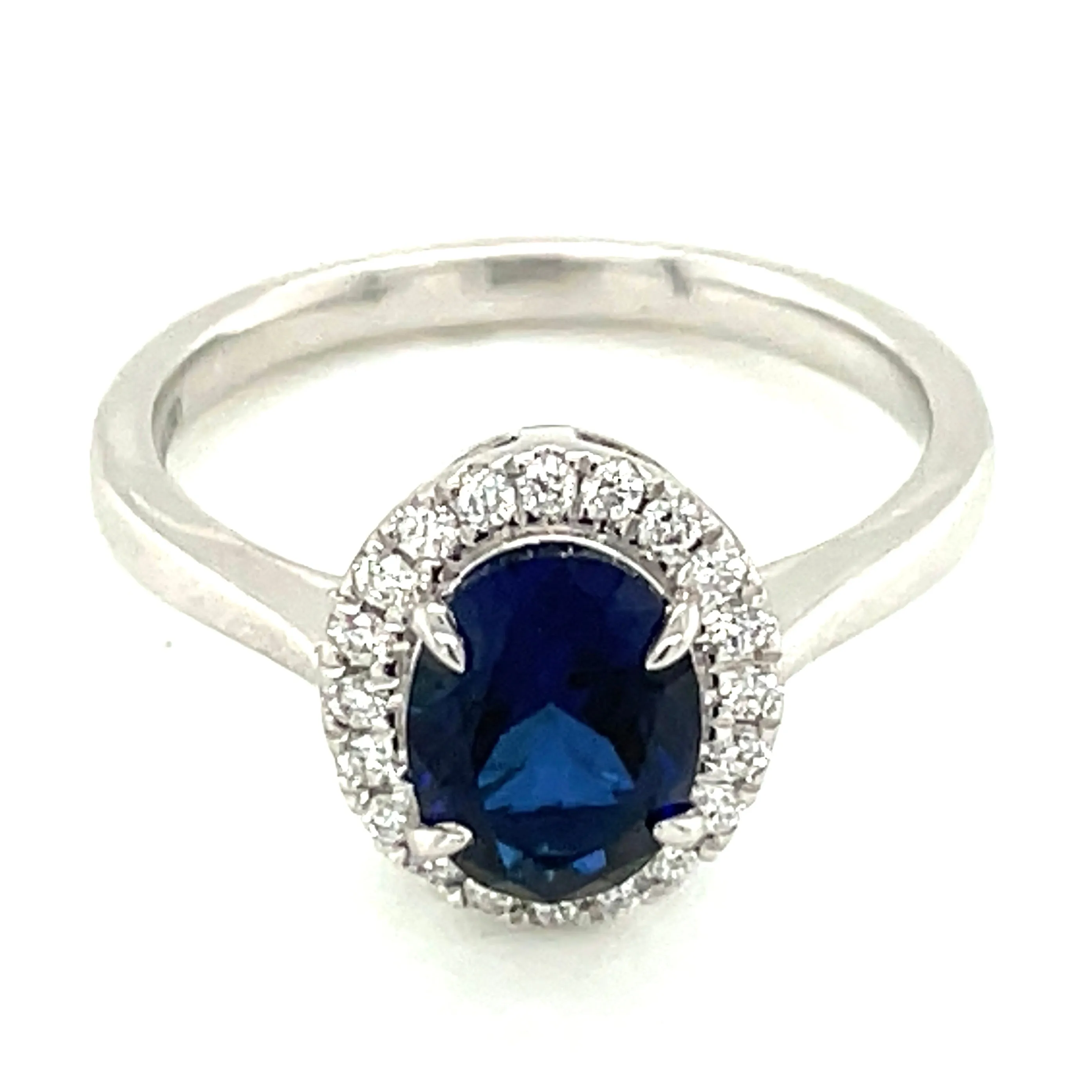 14ct White Gold Laboratory Grown 1.63ct Oval Sapphire & 0.16ct Diamond Halo Ring