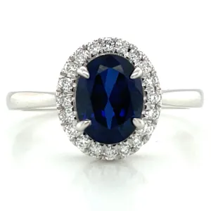 14ct White Gold Laboratory Grown 1.63ct Oval Sapphire & 0.16ct Diamond Halo Ring