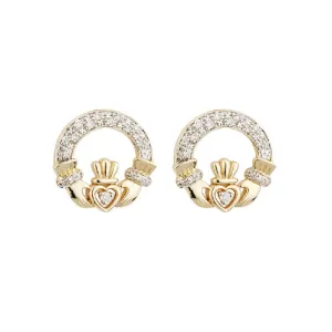 14k Gold Diamond Celtic Claddagh Stud Earrings