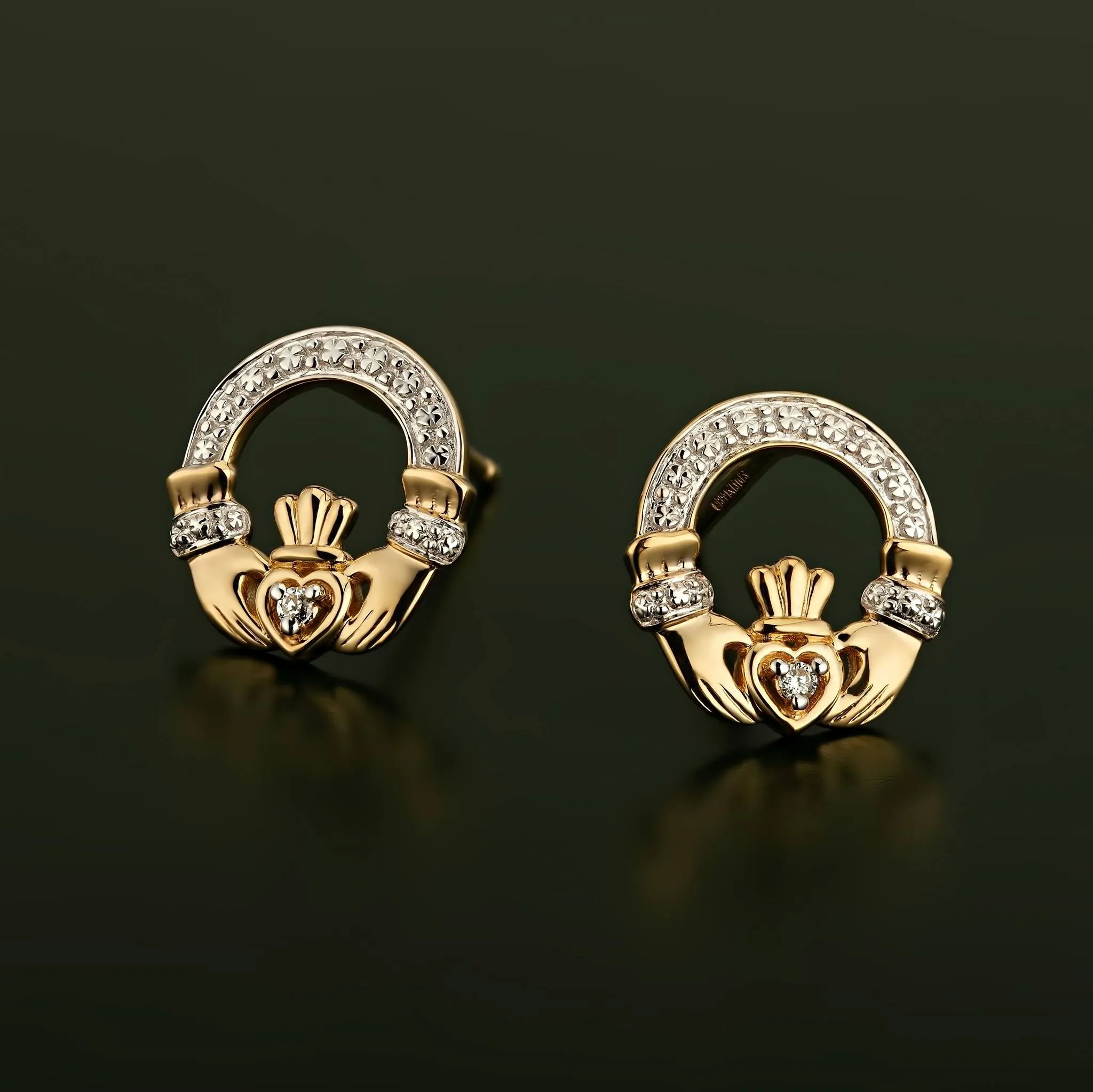 14k Gold Diamond Celtic Claddagh Stud Earrings