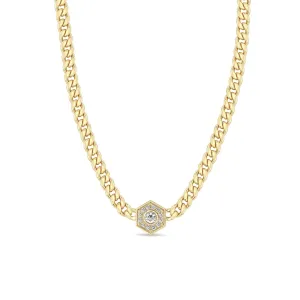 14k Large Curb Chain Diamond Hexagon Halo Necklace