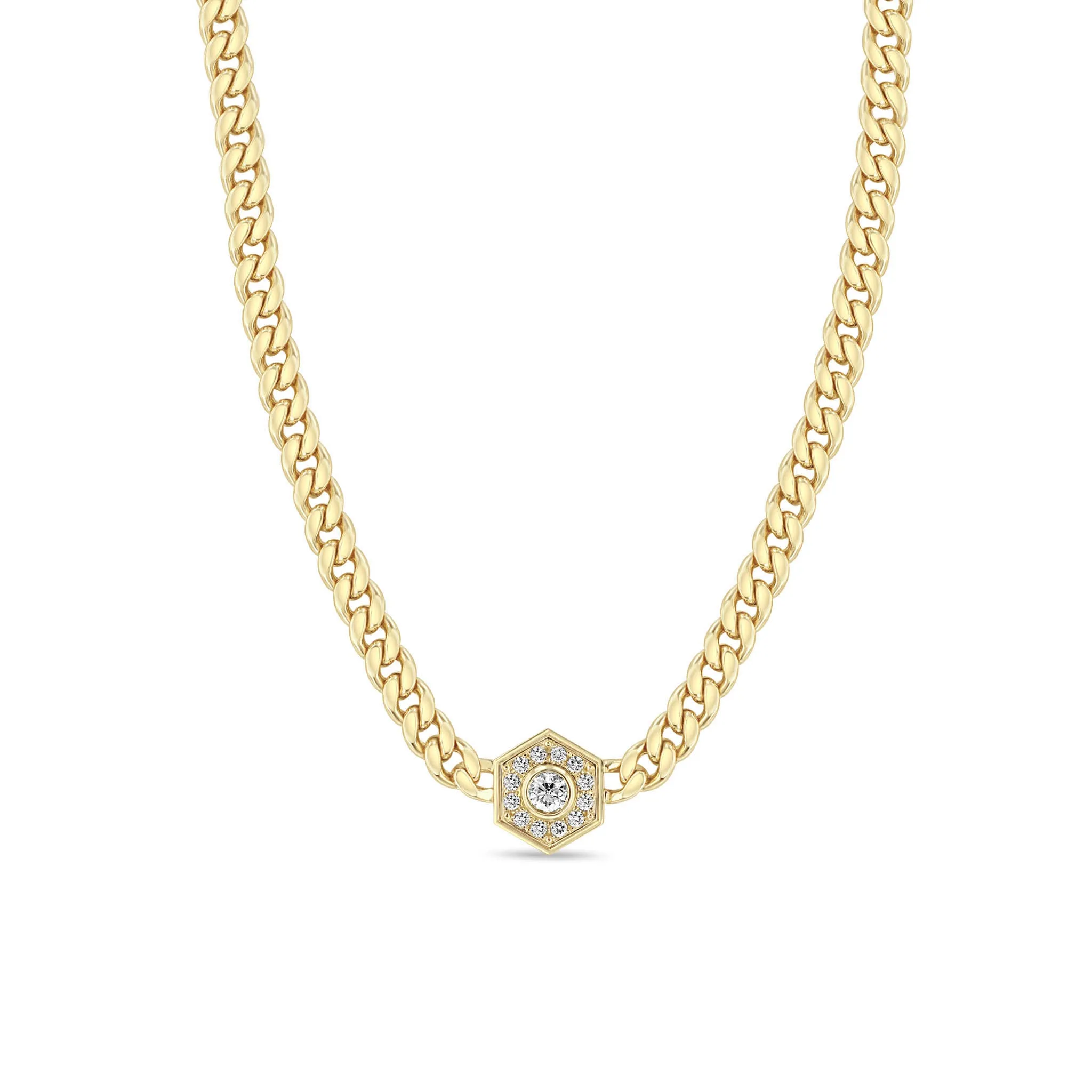 14k Large Curb Chain Diamond Hexagon Halo Necklace