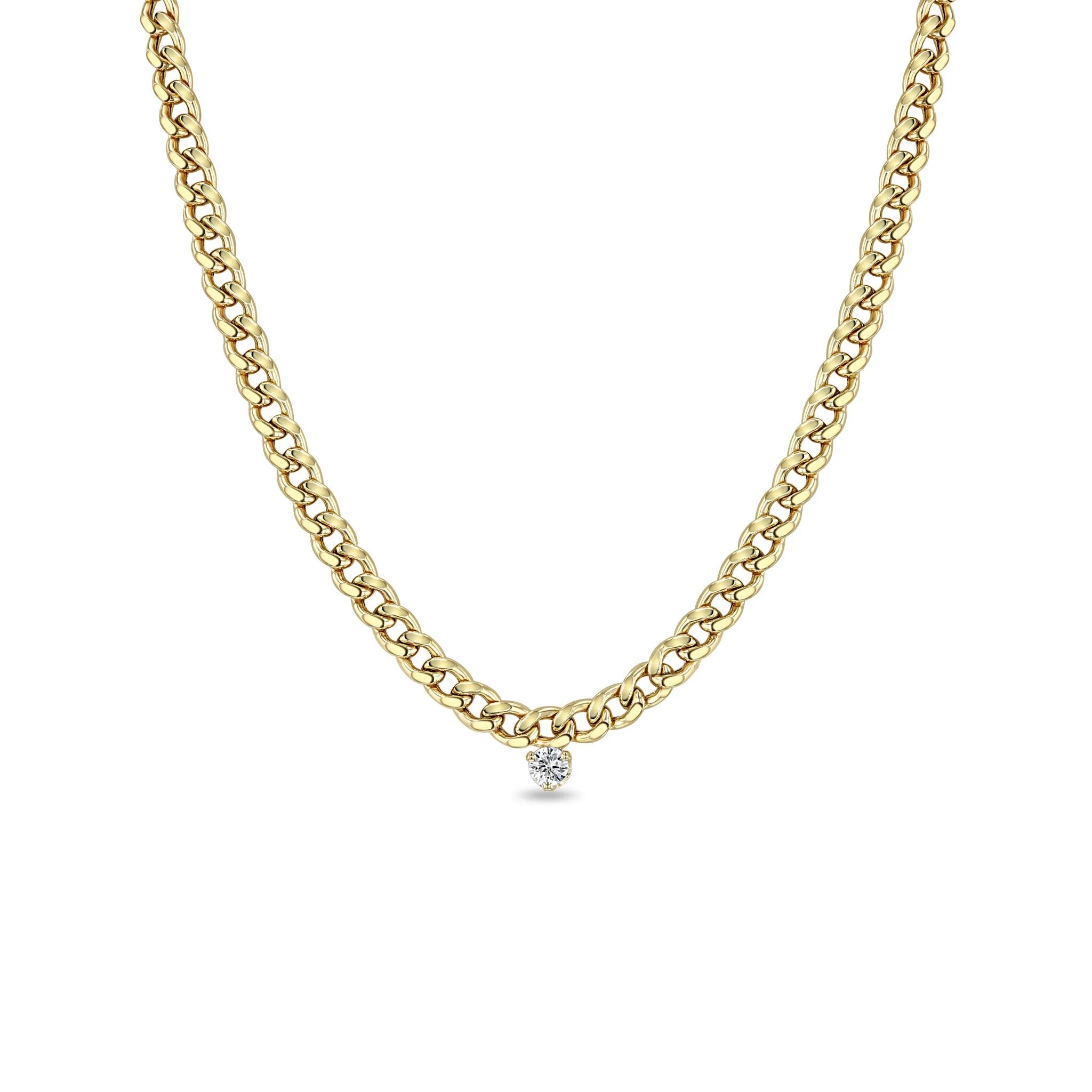 14k Large Prong Diamond Medium Curb Chain Necklace