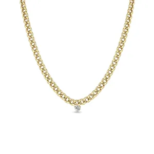 14k Large Prong Diamond Medium Curb Chain Necklace