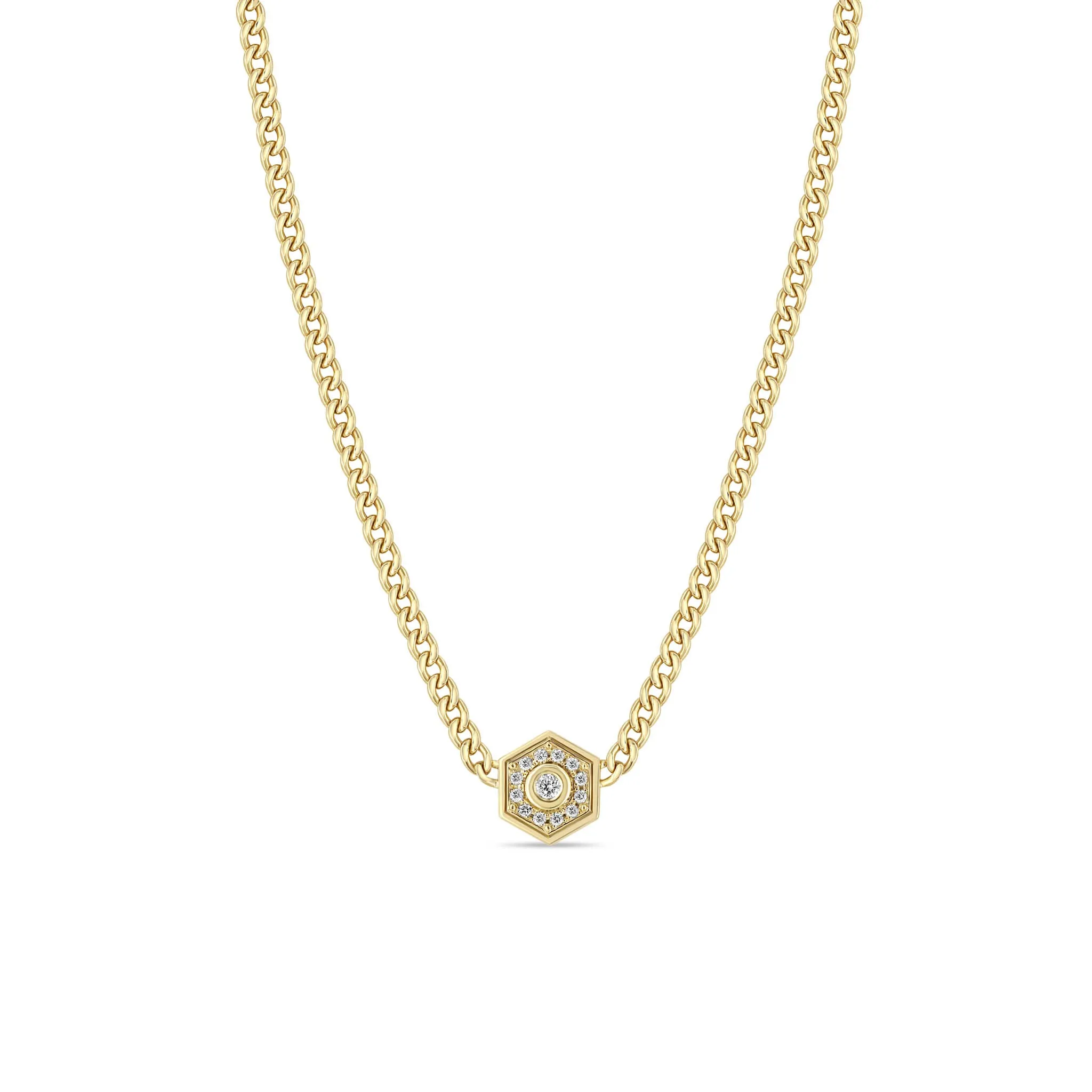 14k Small Curb Chain Diamond Hexagon Halo Necklace