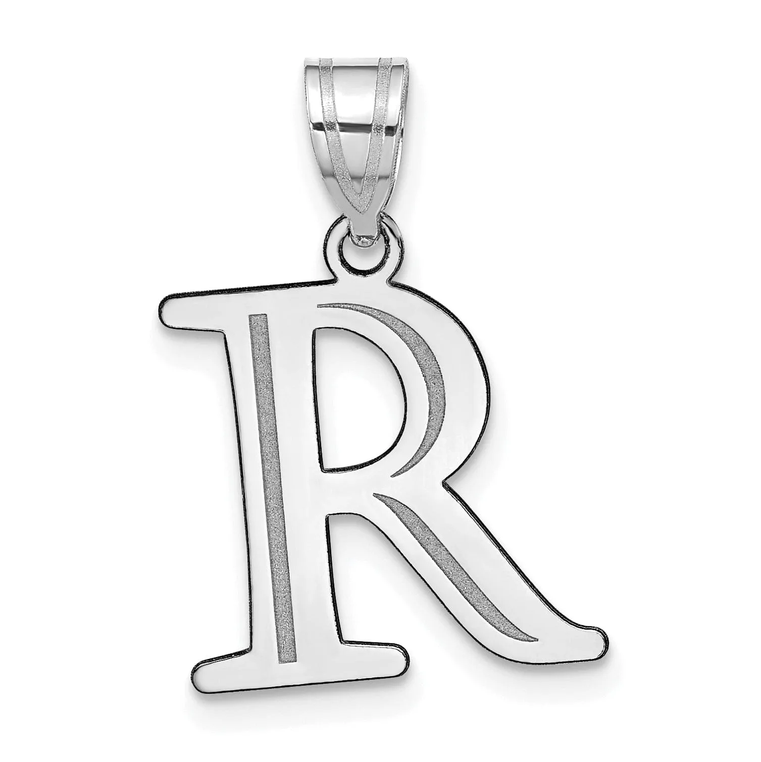 14k White Gold Etched Finish Block Letter R Initial Design Pendant