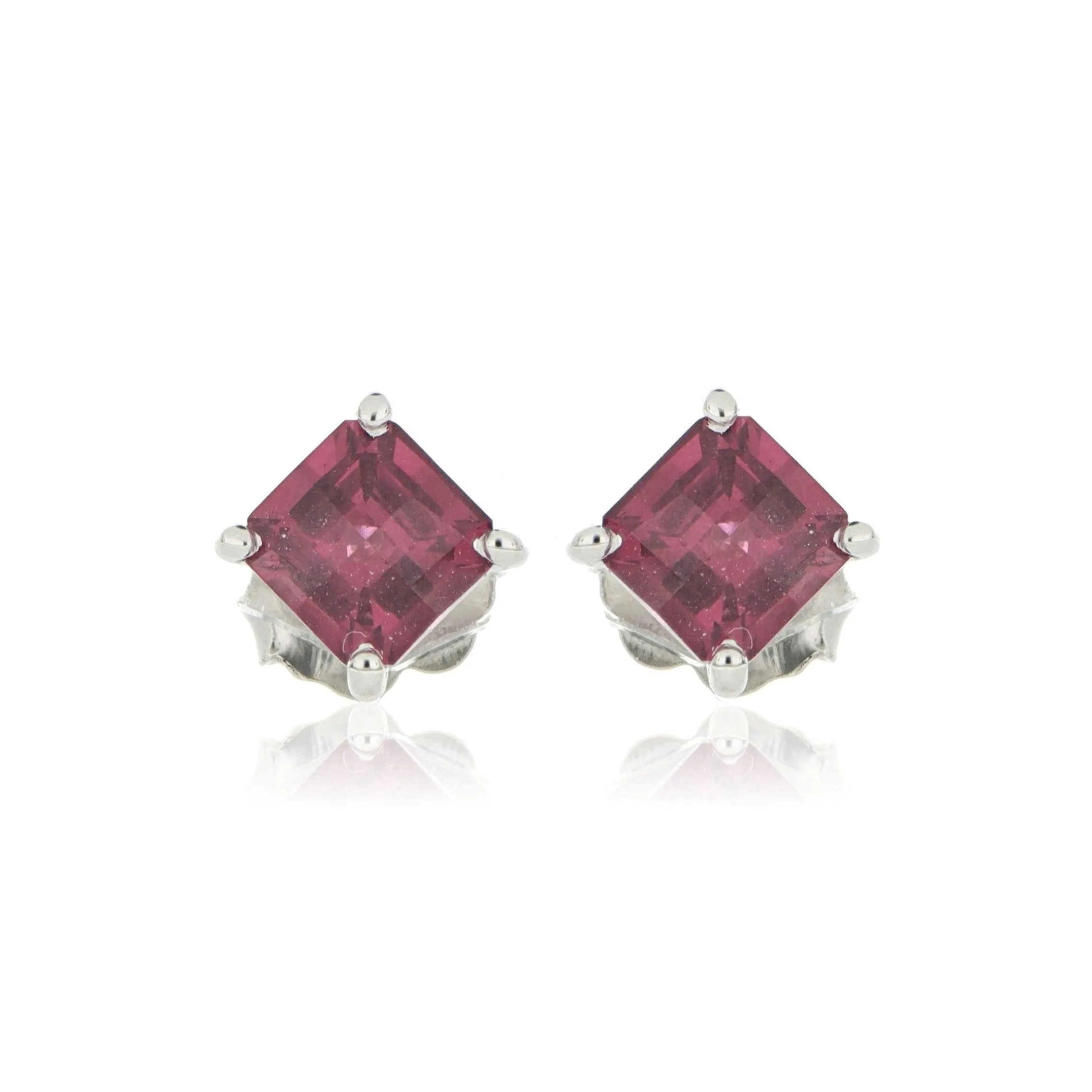 14k White Gold Square Rhodolite Garnet Studs