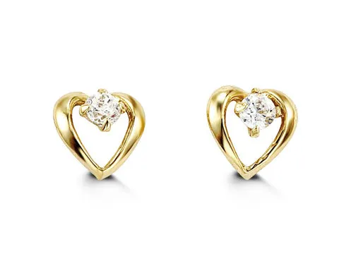 14K Yellow Gold Cubic Zirconia Heart Kid's Earrings