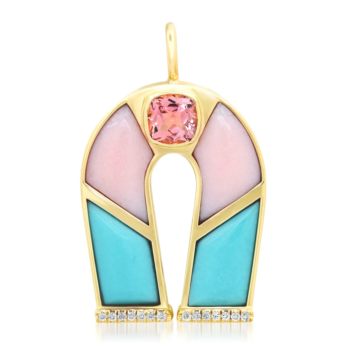 14K Yellow Gold Pink Tourmaline, Pink Opal and Turquoise Horseshoe Necklace