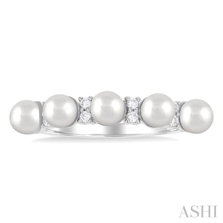 1/6 ctw White 4X4 MM Cultured Pearl and Round Cut Diamond Semi Precious Fashion Ring in 10K White Gold