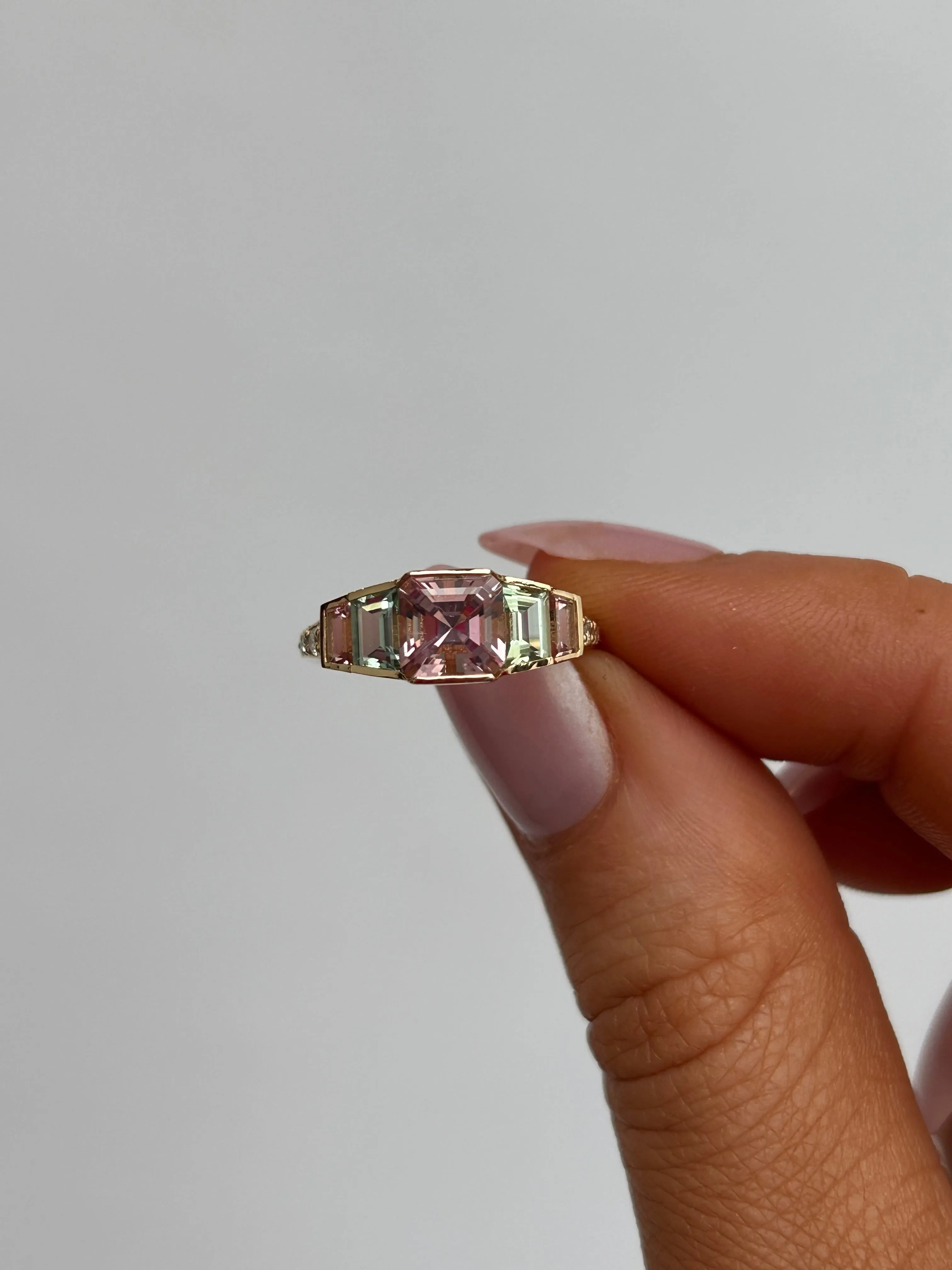 18ct Yellow Gold Earth Grown Mint Pink Tourmaline, Mint Green Tourmaline & Diamond Ring