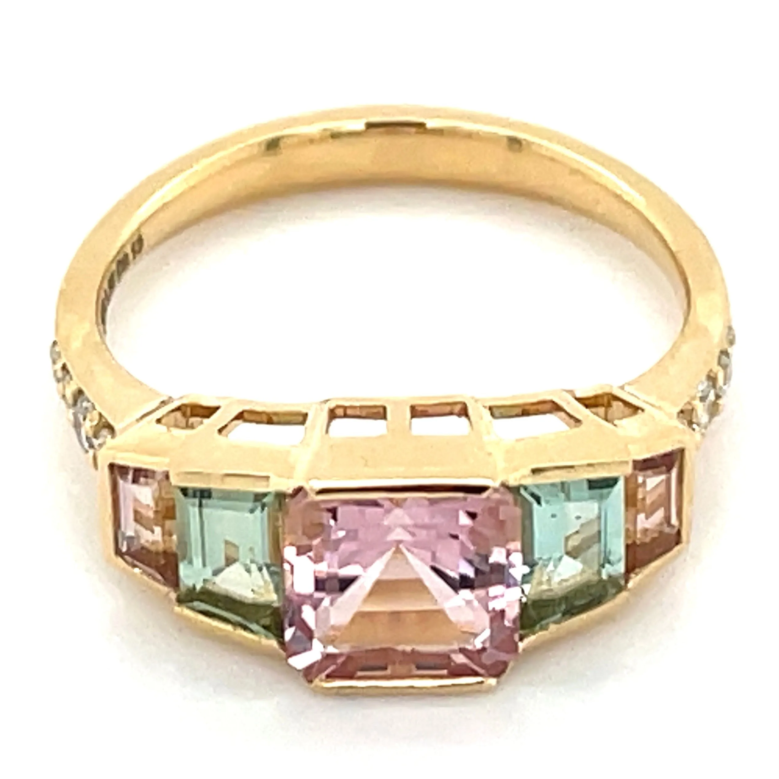 18ct Yellow Gold Earth Grown Mint Pink Tourmaline, Mint Green Tourmaline & Diamond Ring