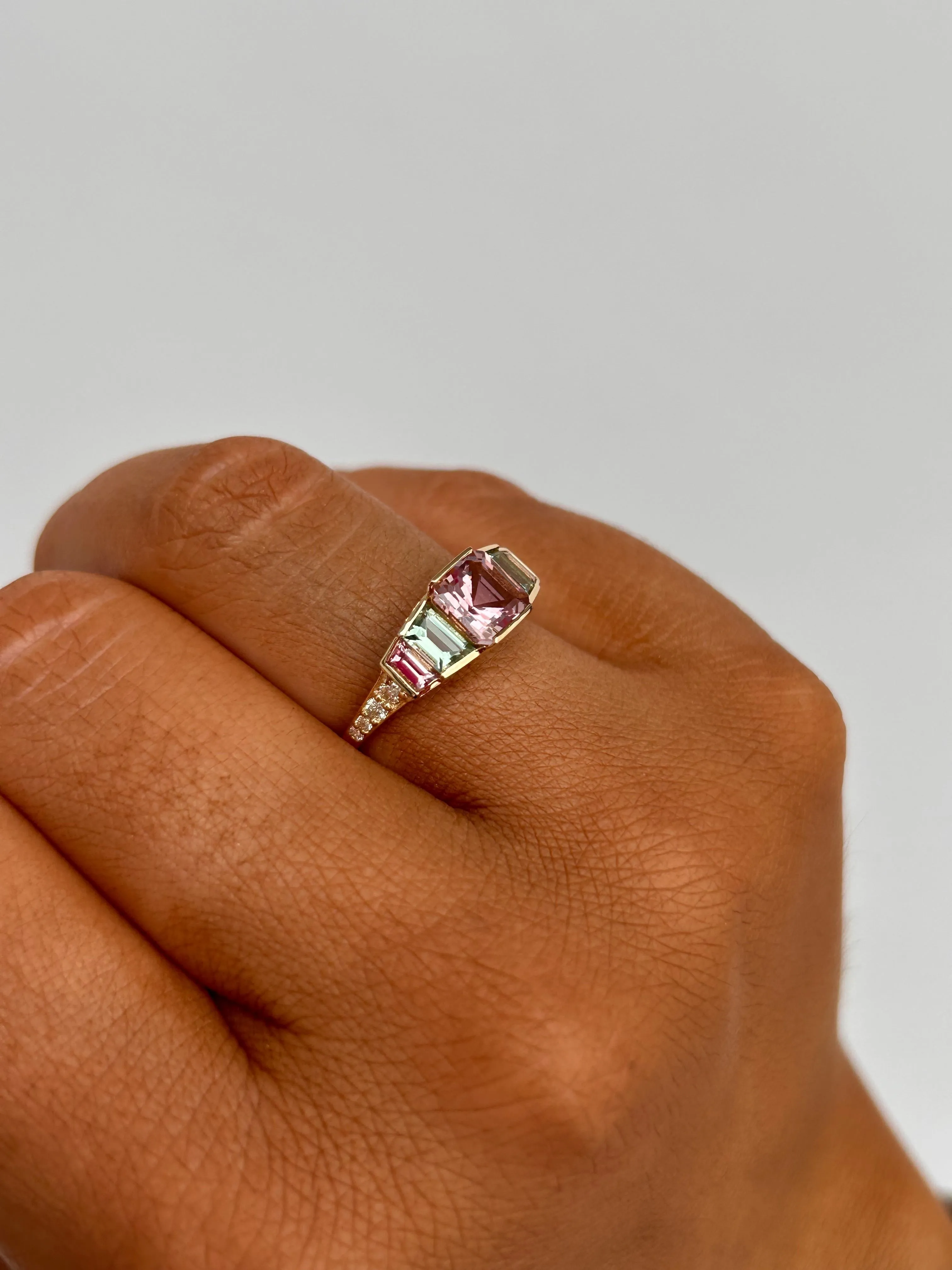 18ct Yellow Gold Earth Grown Mint Pink Tourmaline, Mint Green Tourmaline & Diamond Ring