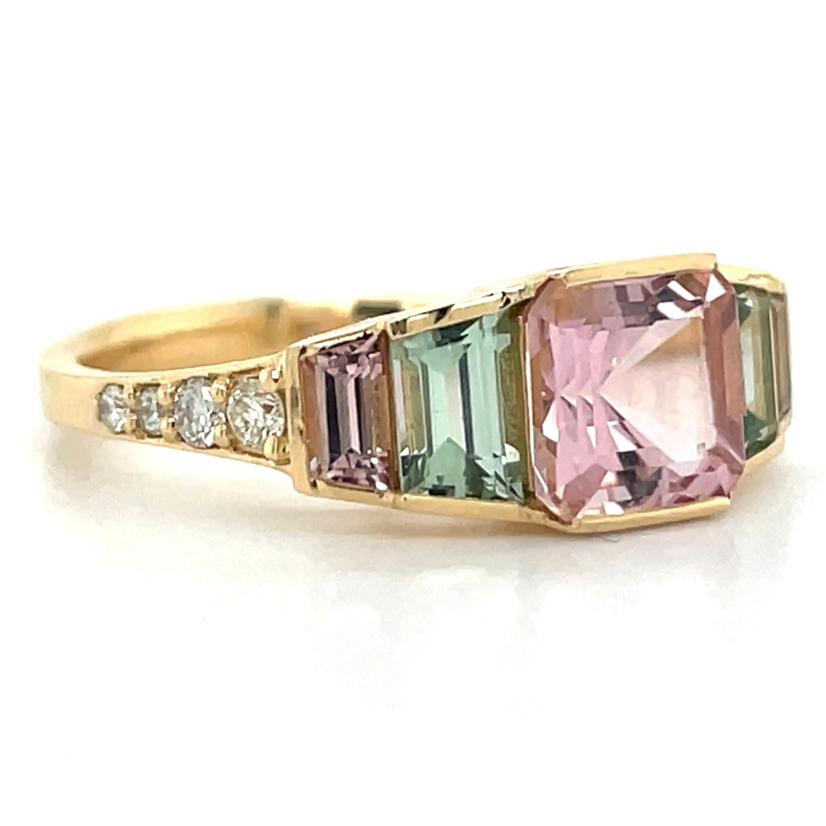 18ct Yellow Gold Earth Grown Mint Pink Tourmaline, Mint Green Tourmaline & Diamond Ring