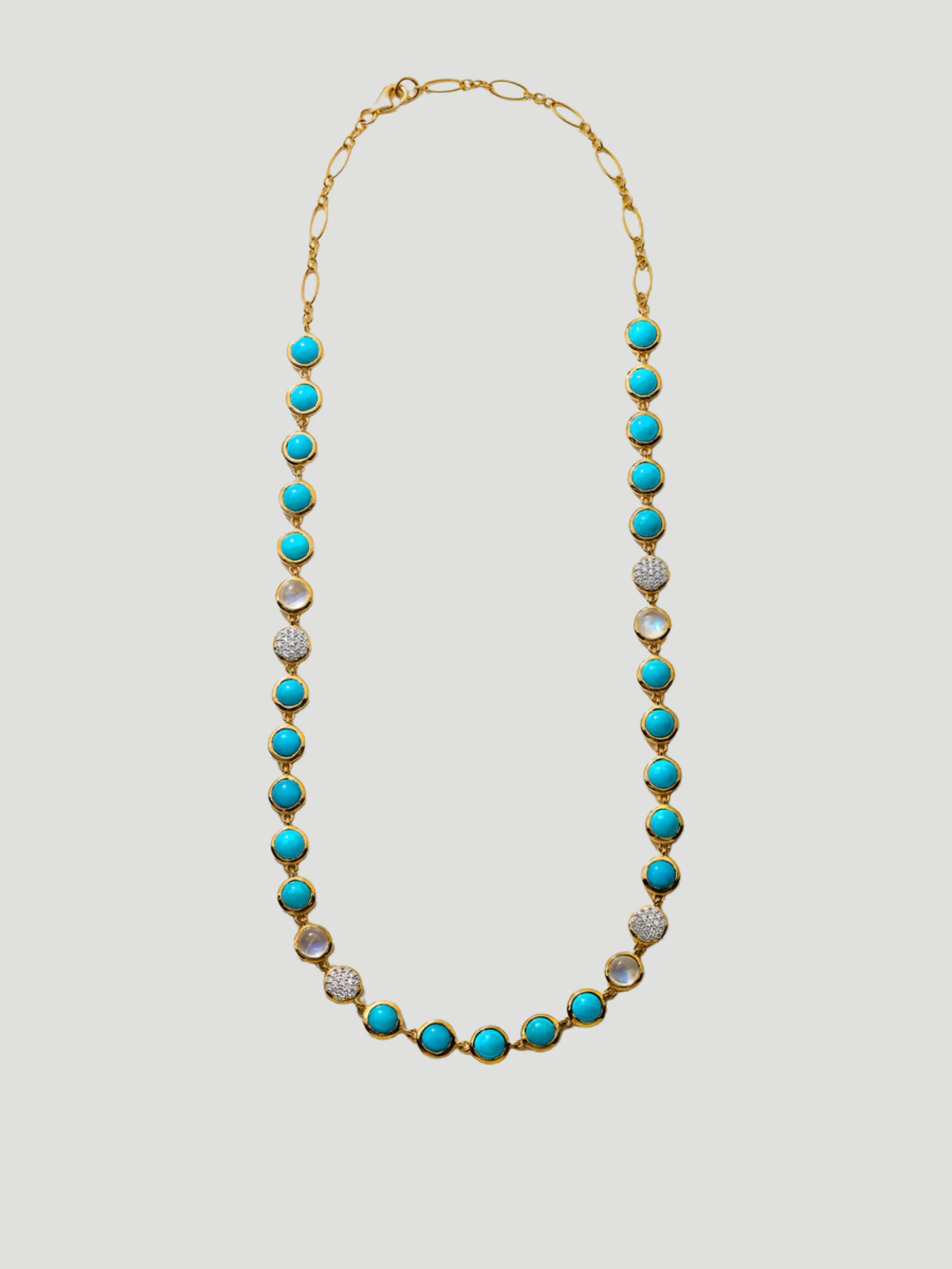 18K Yellow Gold Bubble Diamond and Turquoise Necklace