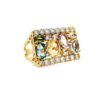 18k Yellow Gold Square Multicolor Fashion Ring