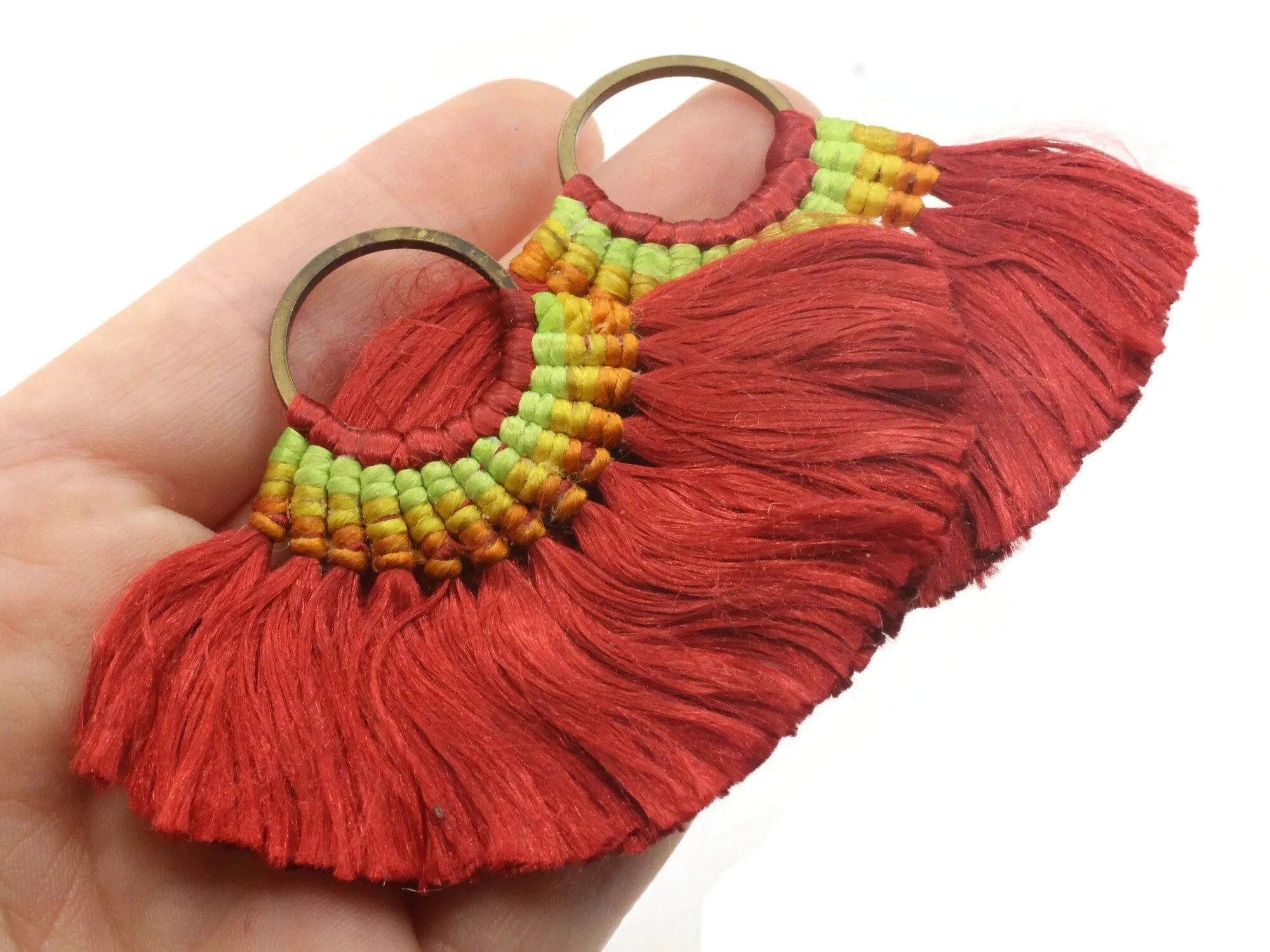 2 3.25 Inch Dark Red with Multi-Color Thread Fan Tassel Pendants