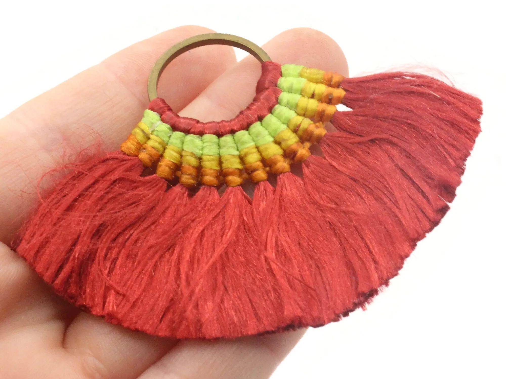 2 3.25 Inch Dark Red with Multi-Color Thread Fan Tassel Pendants