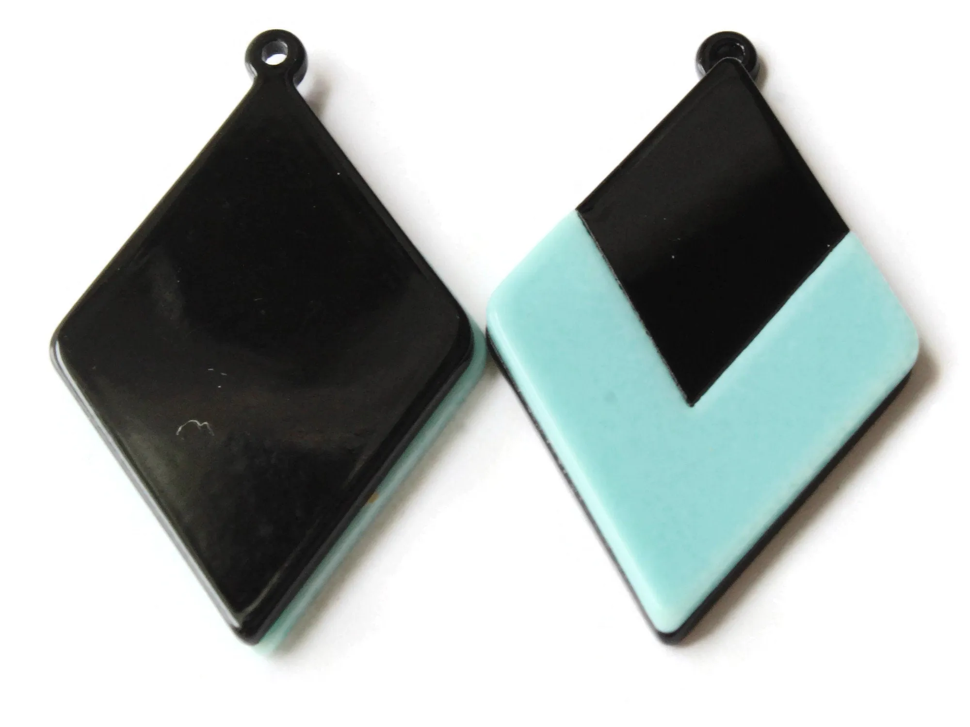 2 45mm Light Cyan Blue and Black Resin Diamond Pendants