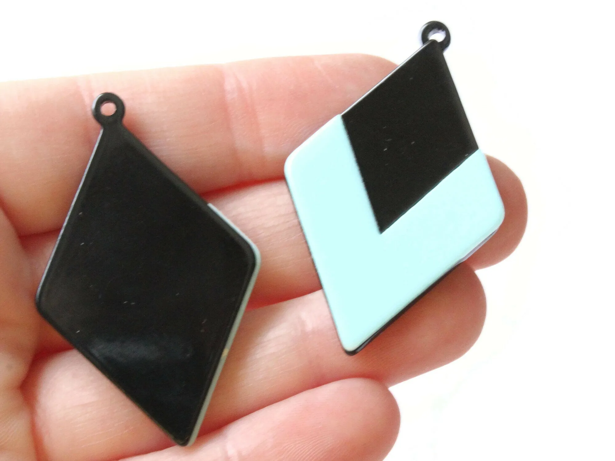 2 45mm Light Cyan Blue and Black Resin Diamond Pendants