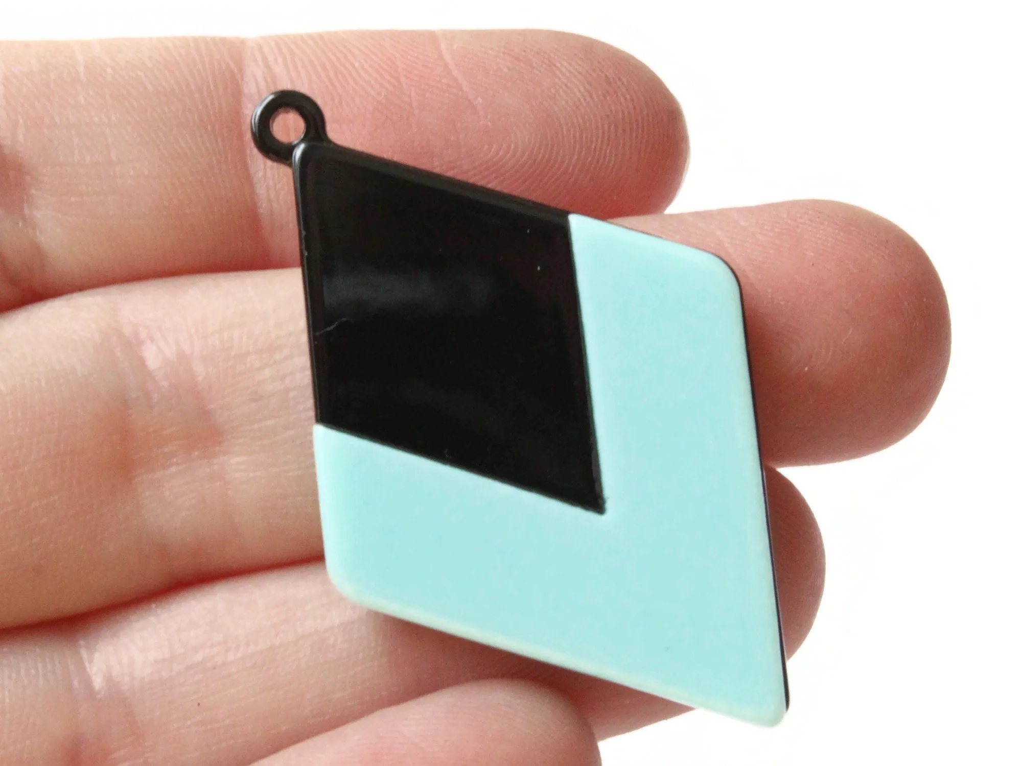 2 45mm Light Cyan Blue and Black Resin Diamond Pendants