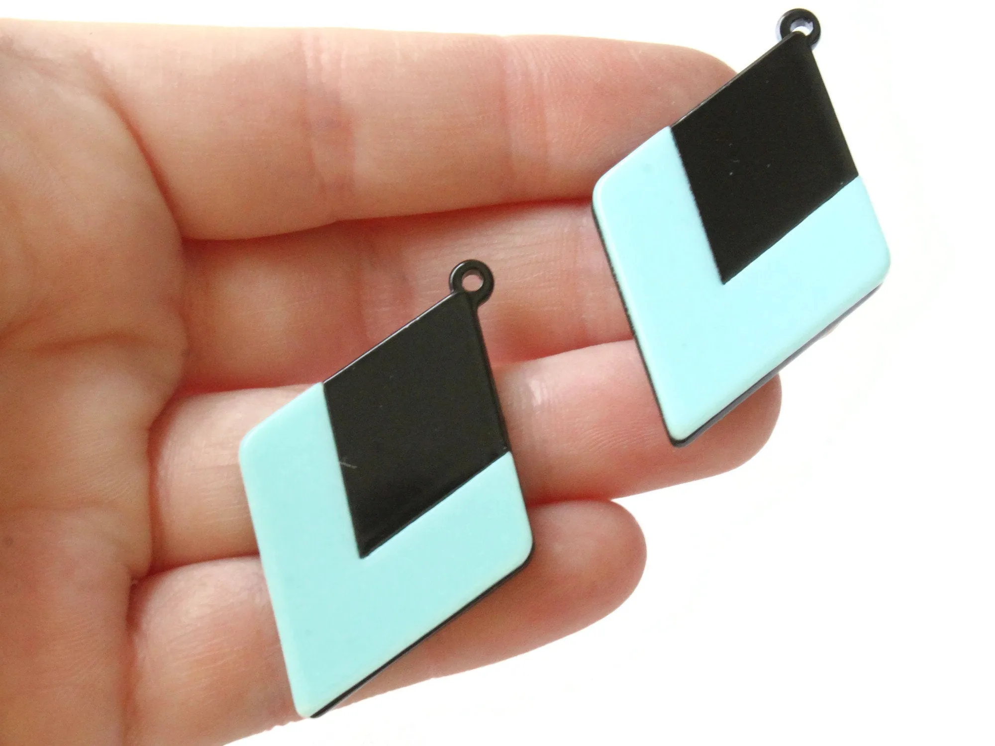 2 45mm Light Cyan Blue and Black Resin Diamond Pendants