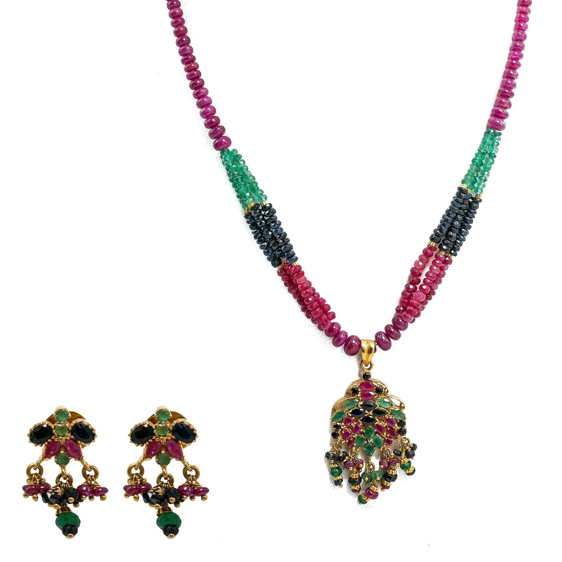 22K Yellow Gold Necklace & Earrings Set W/ Rubies, Black Sapphires & Emeralds