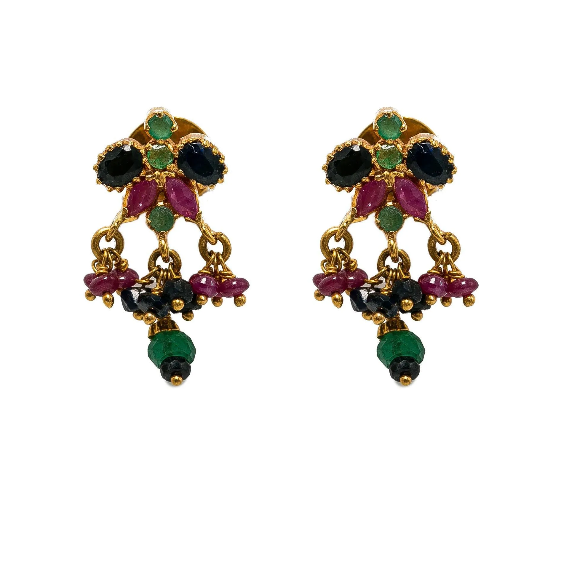 22K Yellow Gold Necklace & Earrings Set W/ Rubies, Black Sapphires & Emeralds