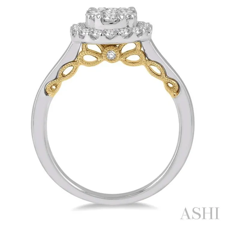 3/4 Ctw Oval Shape Lovebright Round Cut Diamond Ring in 14K White and Yellow Gold