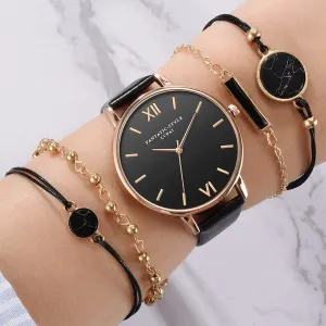 5pcs Set Women Leather Band Analog Quartz Wrist Watches