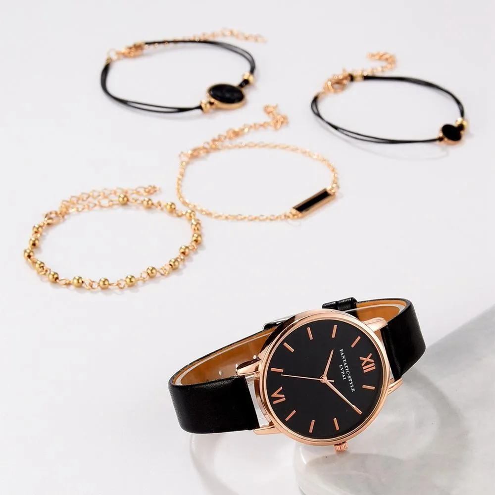 5pcs Set Women Leather Band Analog Quartz Wrist Watches