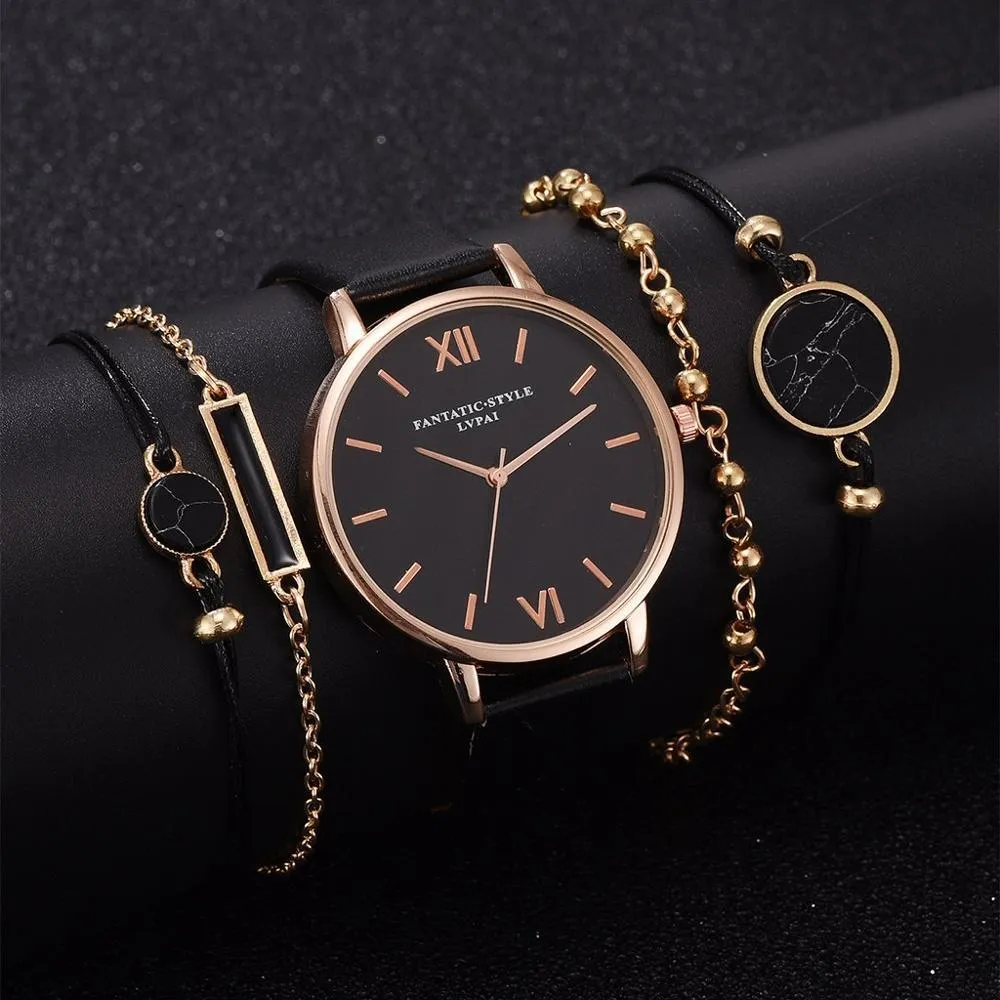 5pcs Set Women Leather Band Analog Quartz Wrist Watches