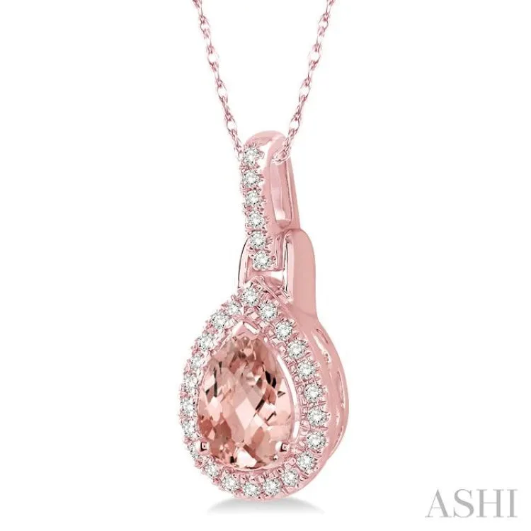 7x5 MM Pear Shape Morganite and 1/10 Ctw Round Cut Diamond Pendant in 14K Rose Gold with Chain