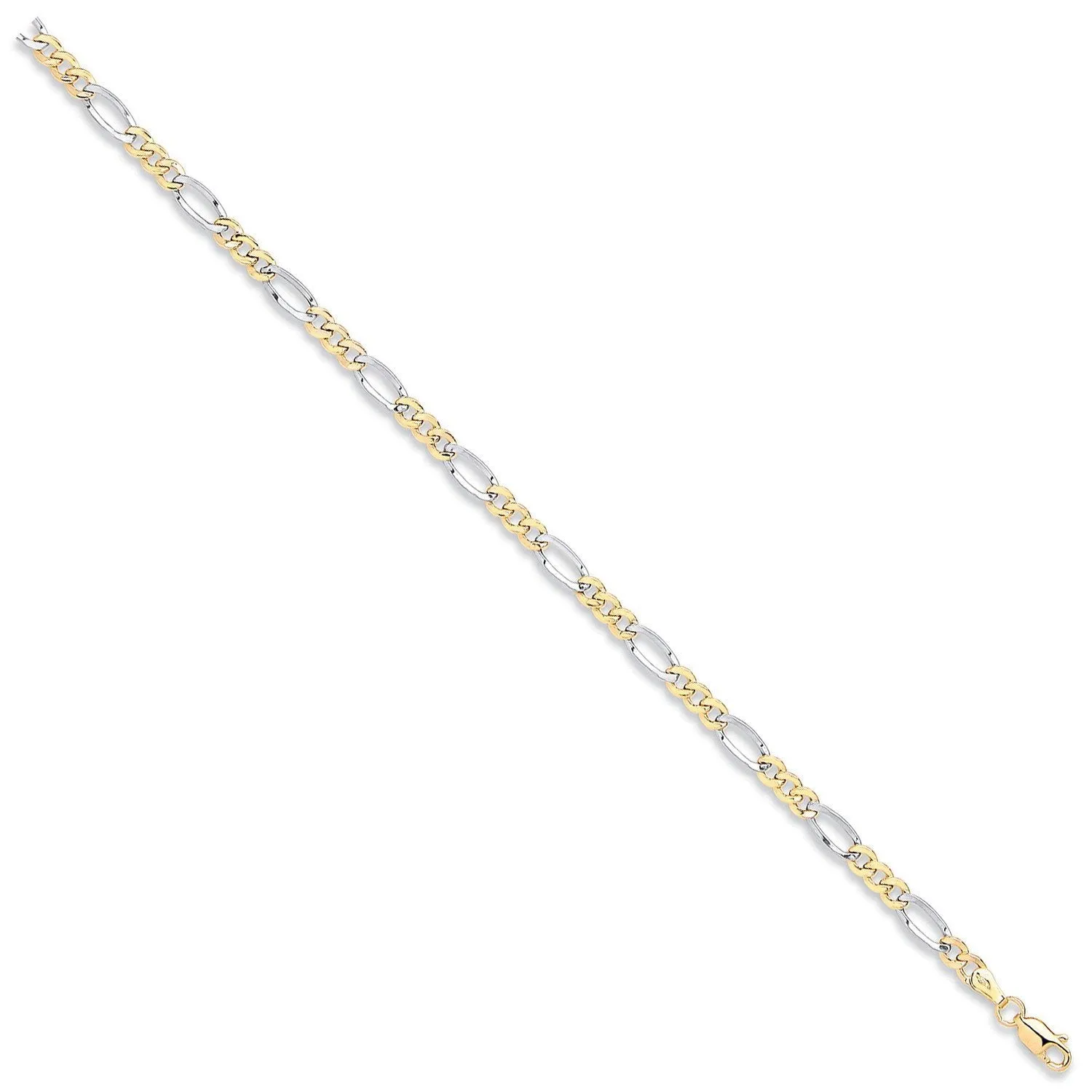 9ct 2 Tone Gold Hollow 4mm 7 Inch Figaro Bracelet 2.3g