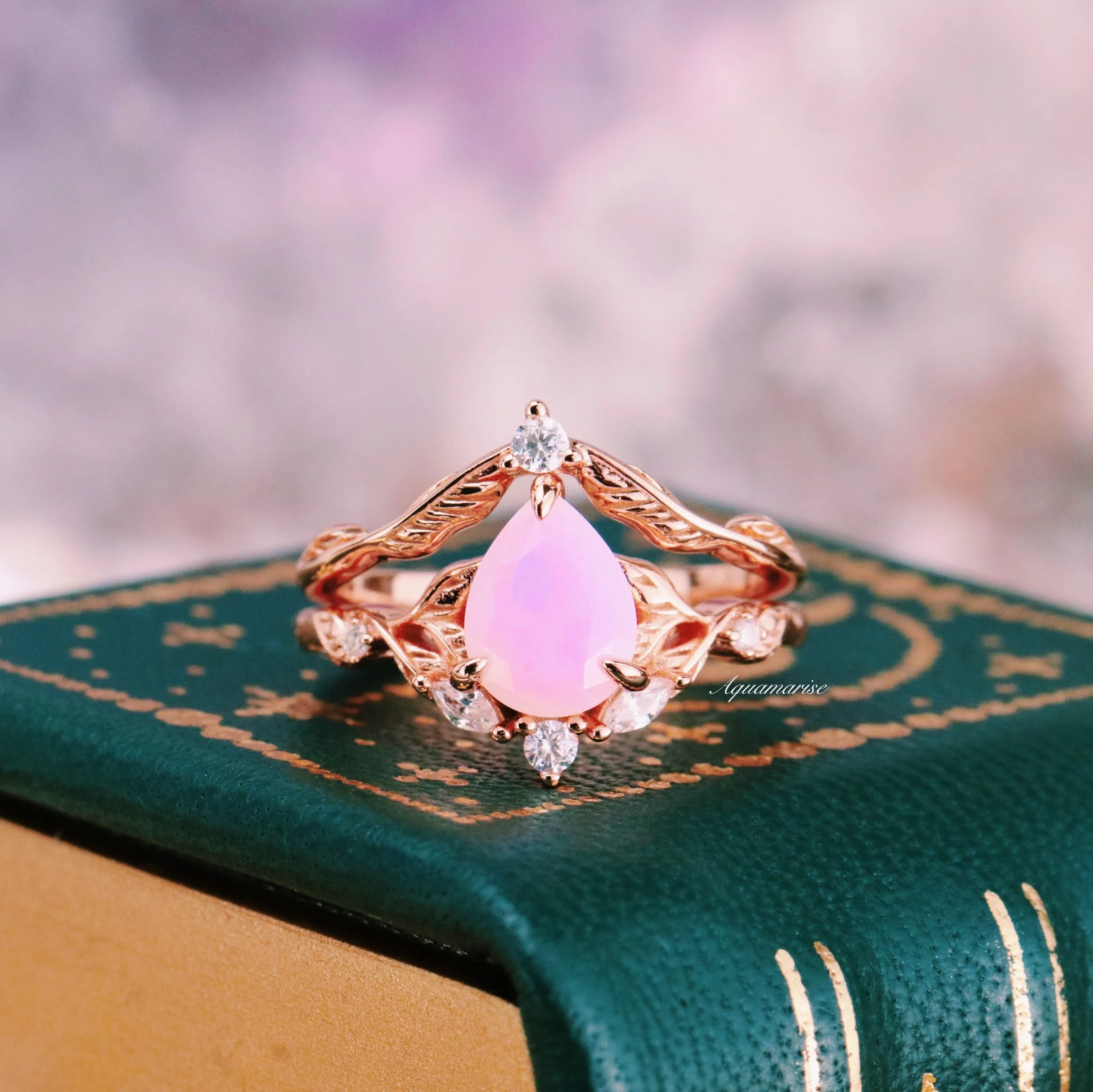 Airee Opalescent Pink Sapphire Engagement Ring Set- 14K Rose Gold Vermeil