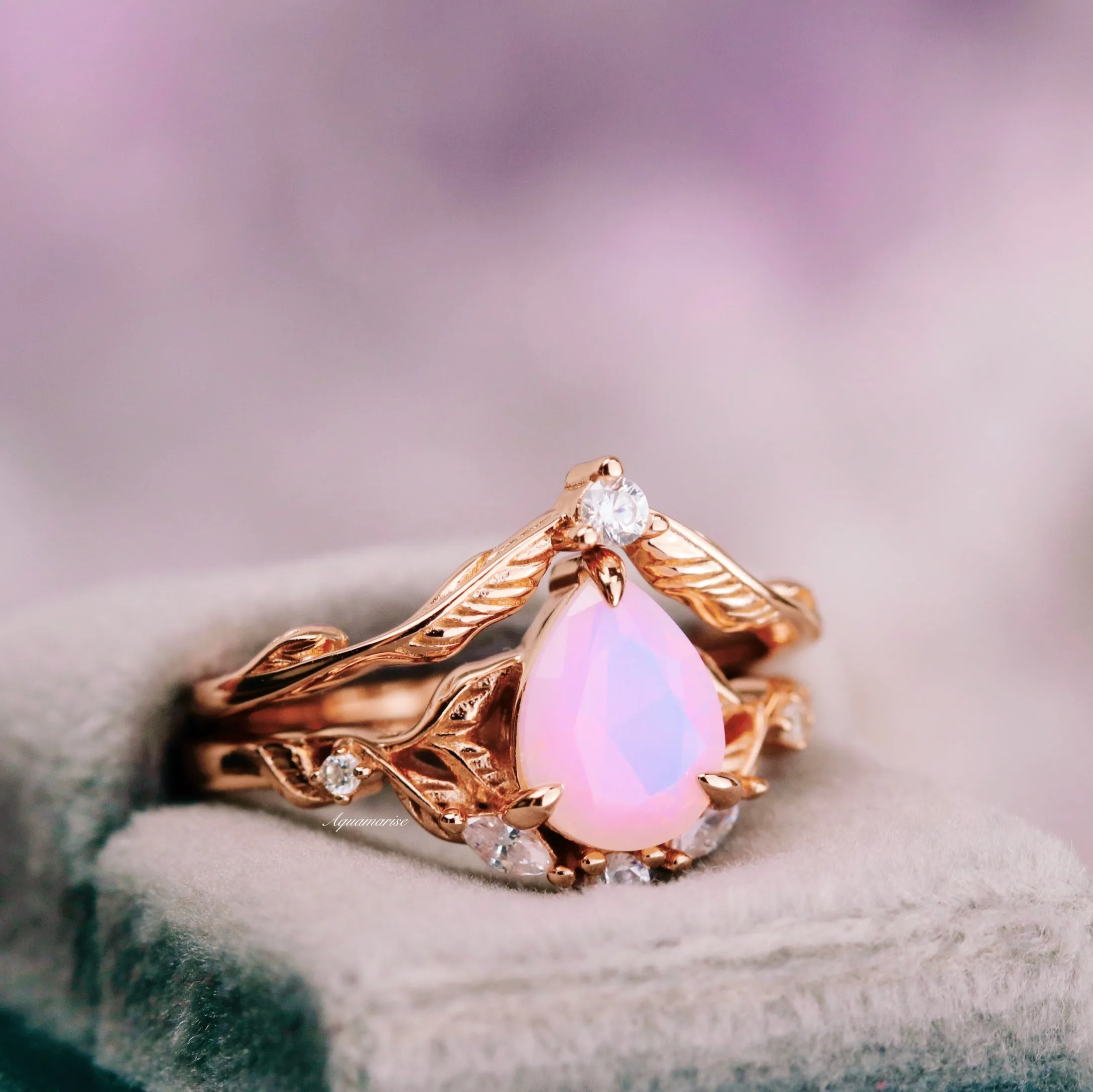 Airee Opalescent Pink Sapphire Engagement Ring Set- 14K Rose Gold Vermeil