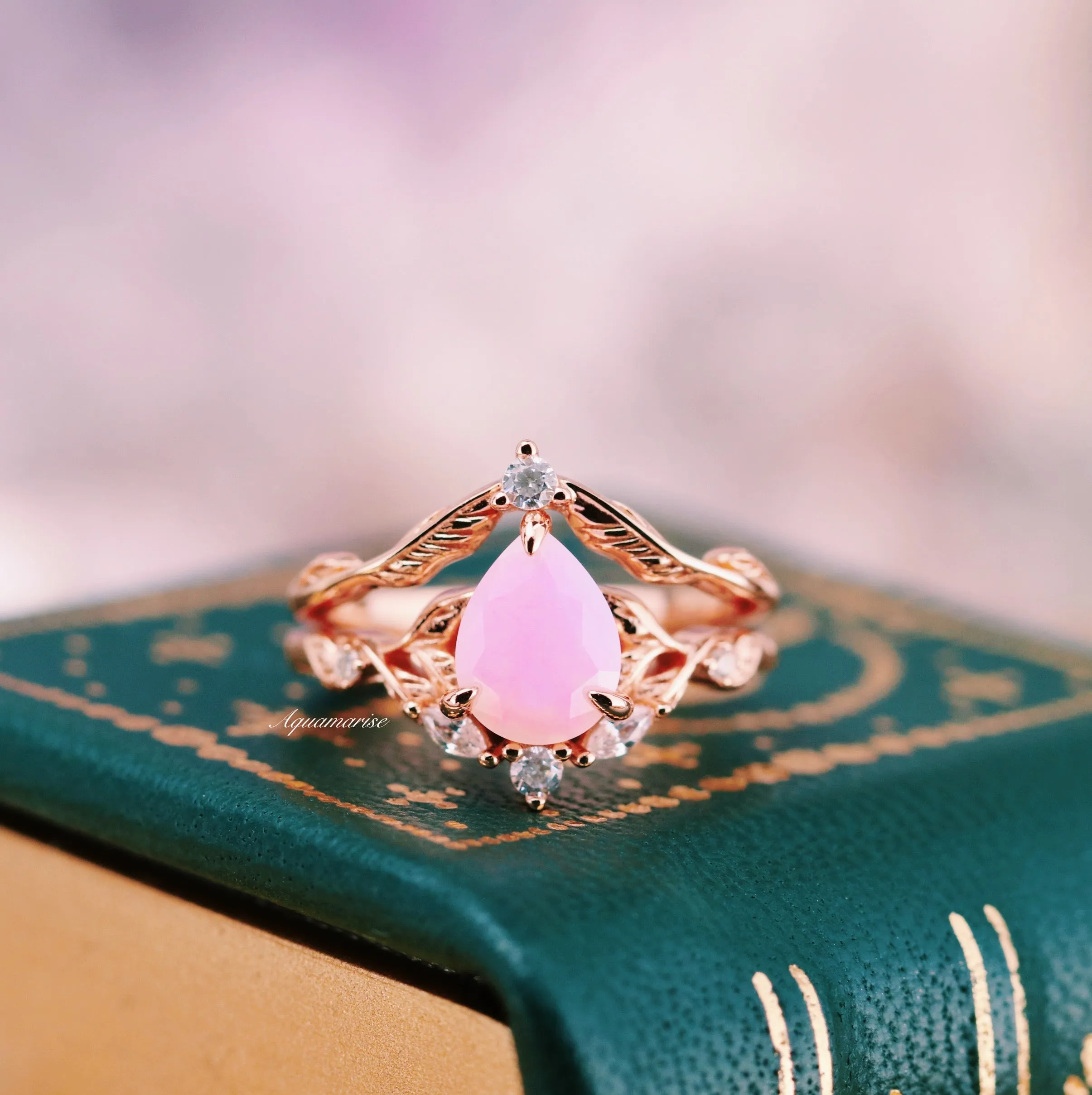 Airee Opalescent Pink Sapphire Engagement Ring Set- 14K Rose Gold Vermeil