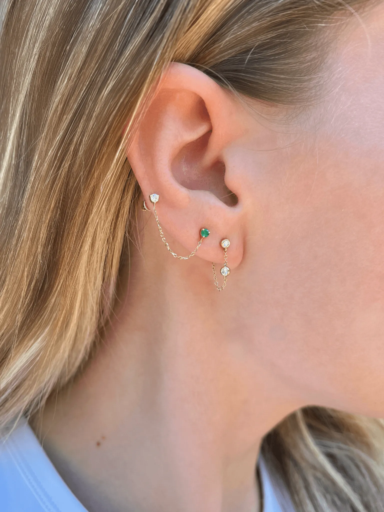 Alex Double Stud Emerald Chain Earring 14K