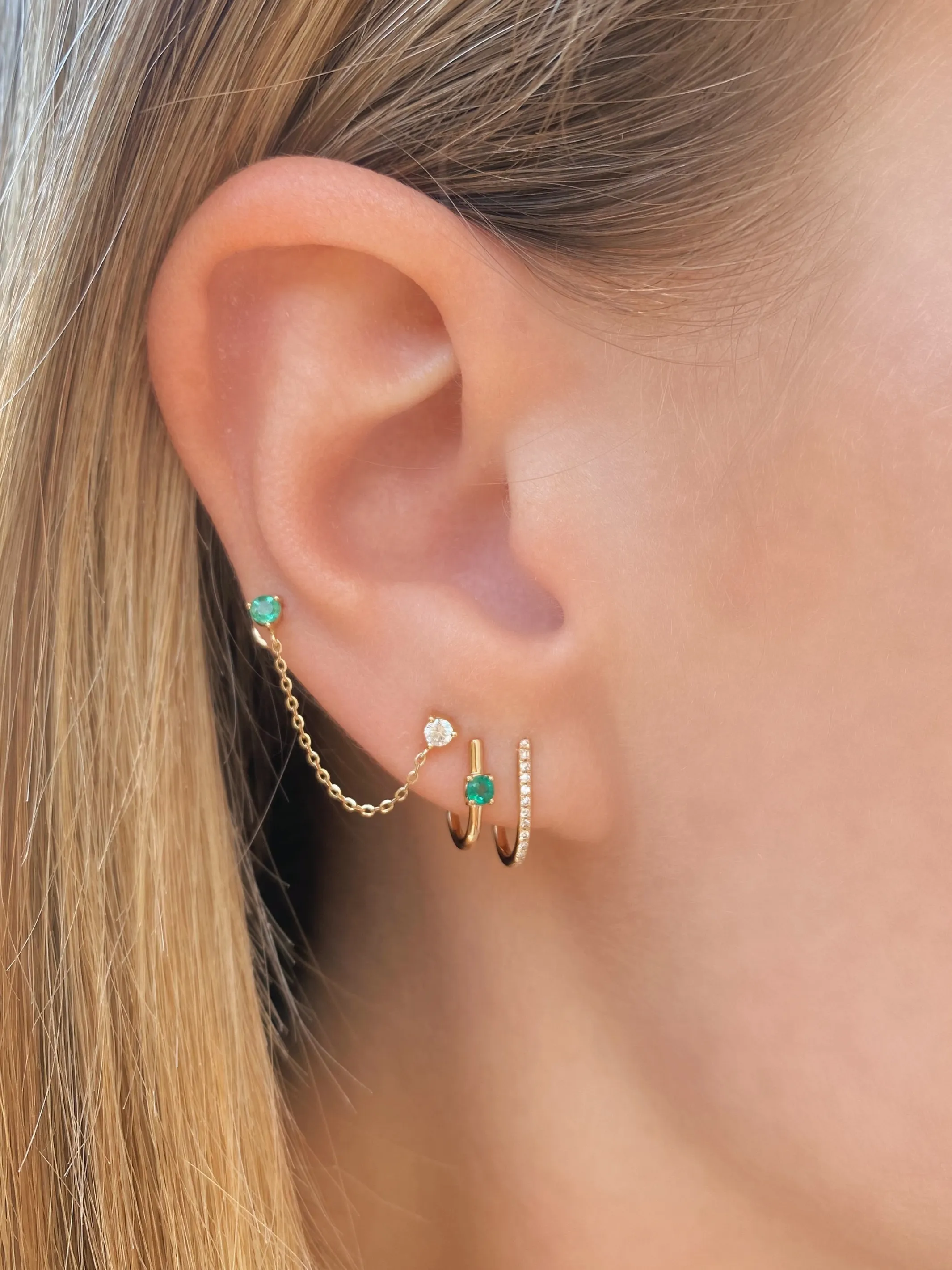 Alex Double Stud Emerald Chain Earring 14K