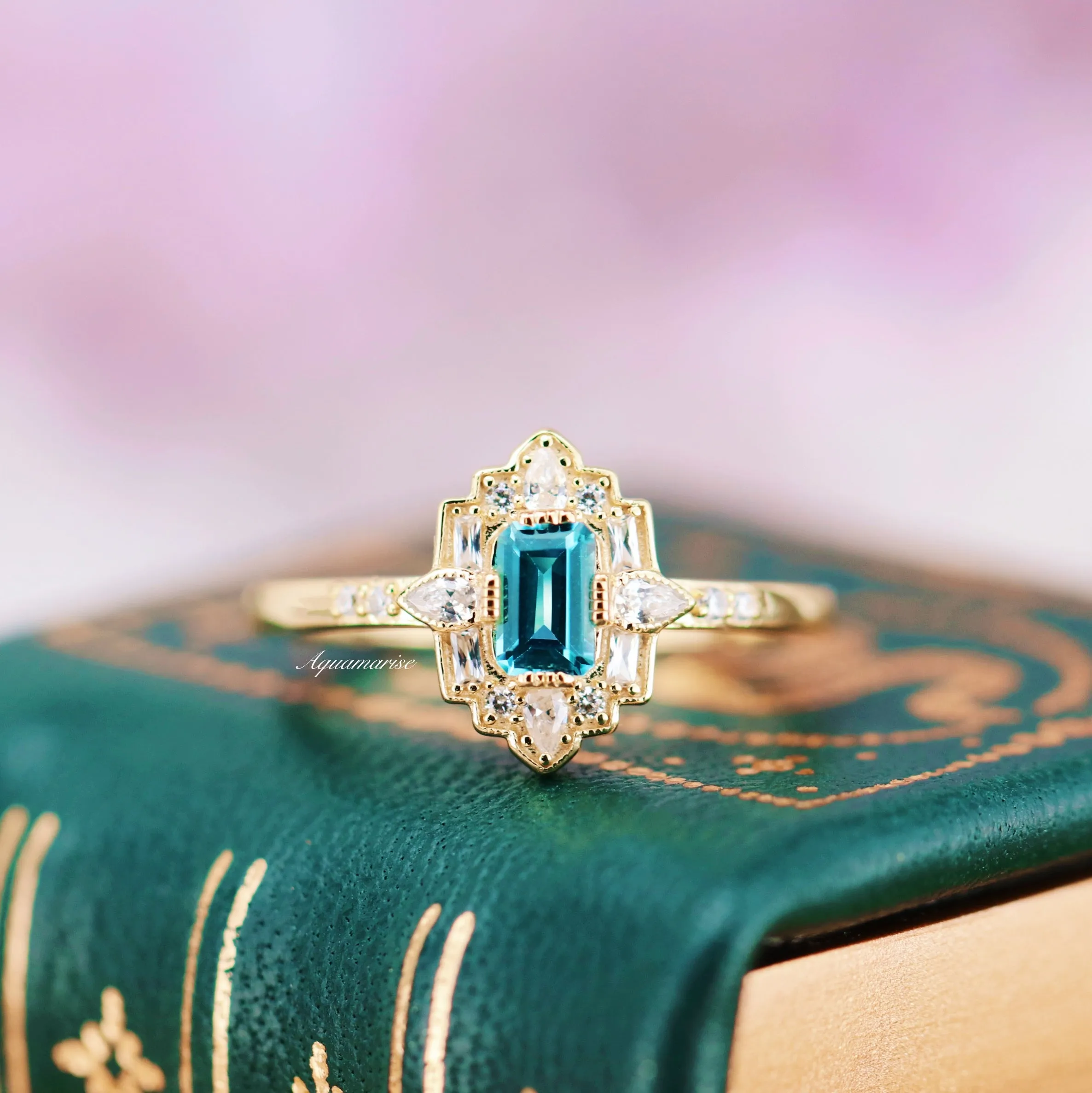 Art Deco London Blue Topaz Ring- 14K Yellow Gold Vermeil