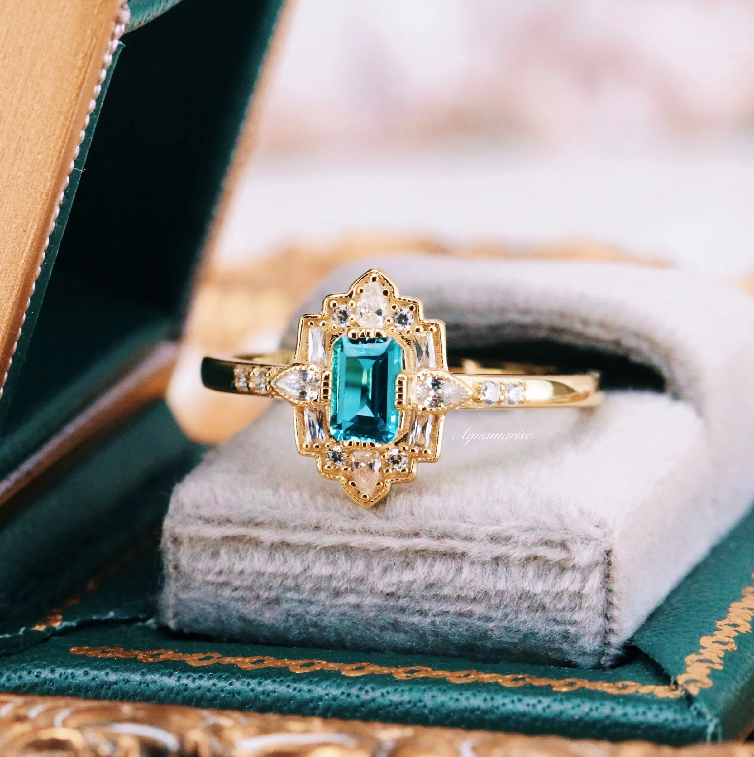 Art Deco London Blue Topaz Ring- 14K Yellow Gold Vermeil