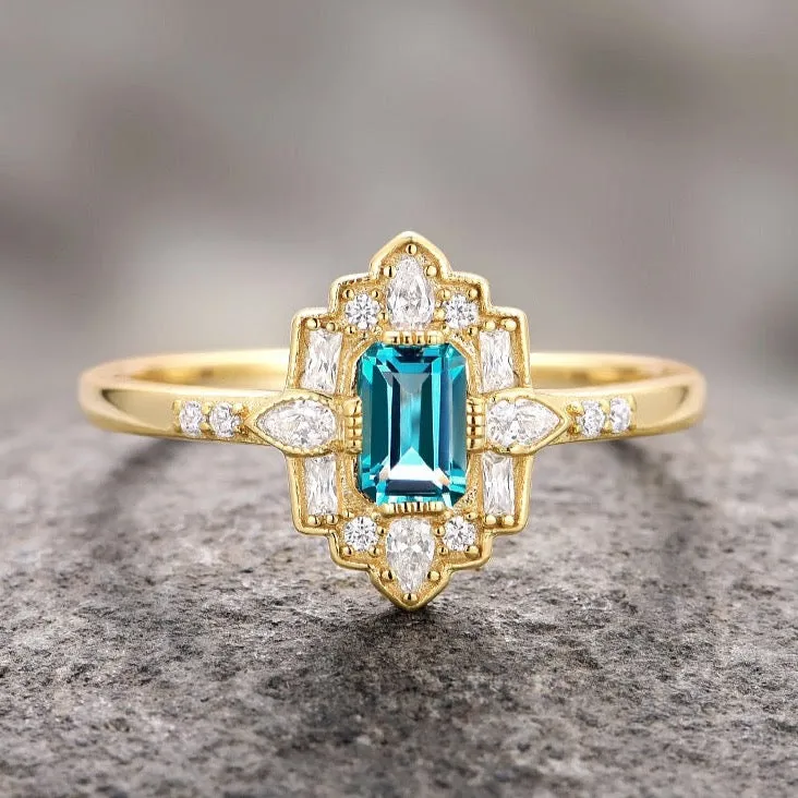 Art Deco London Blue Topaz Ring- 14K Yellow Gold Vermeil