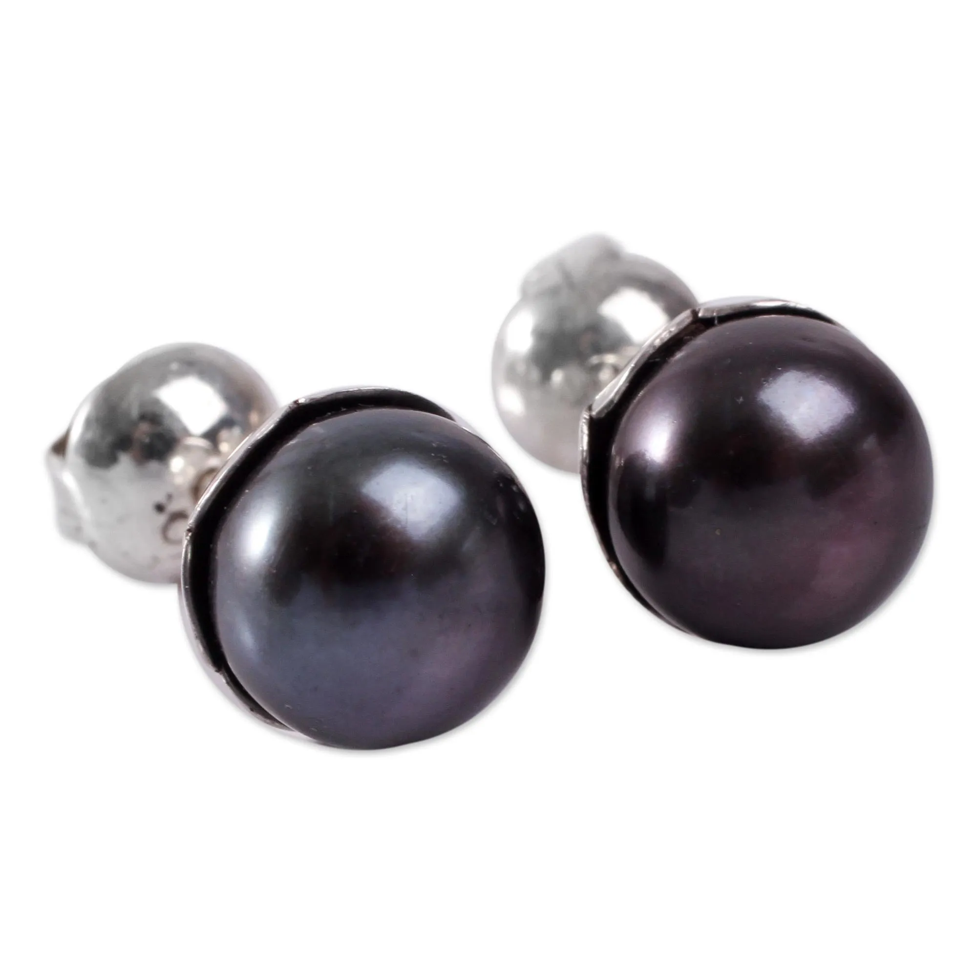 Black Nascent Flower Handcrafted Black Cultured Pearl Stud Earrings