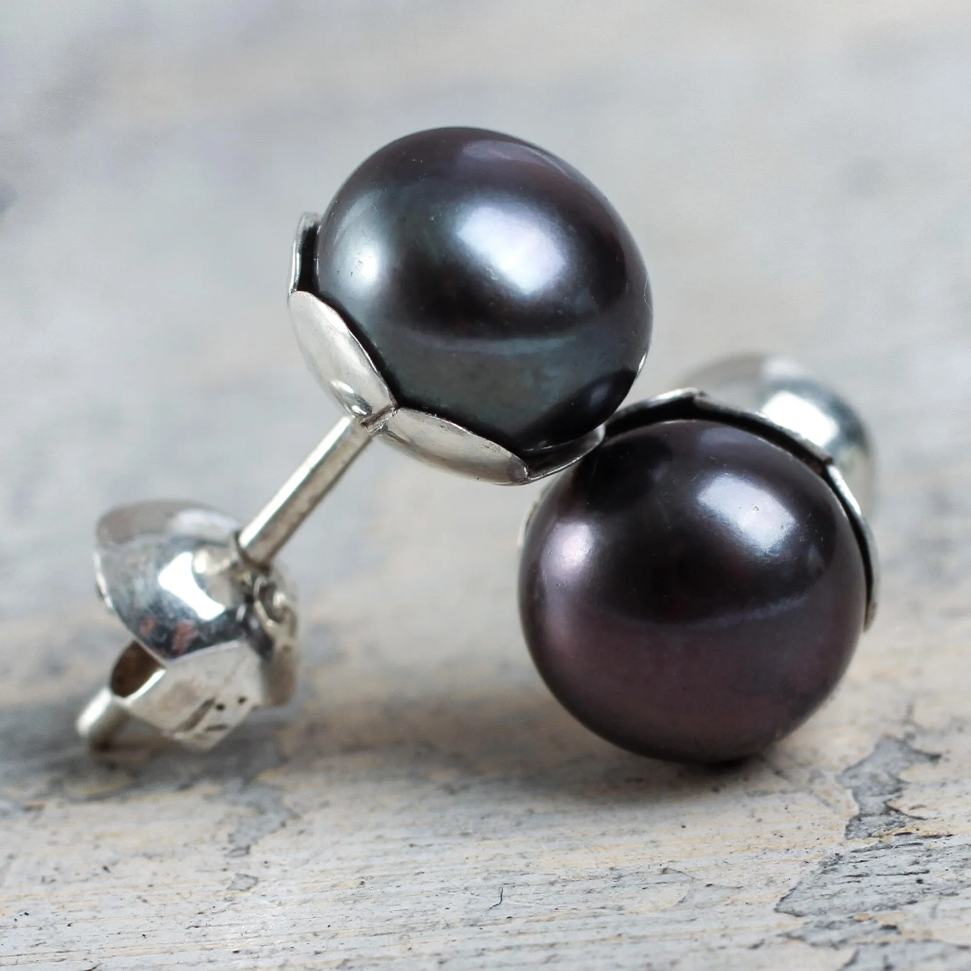 Black Nascent Flower Handcrafted Black Cultured Pearl Stud Earrings