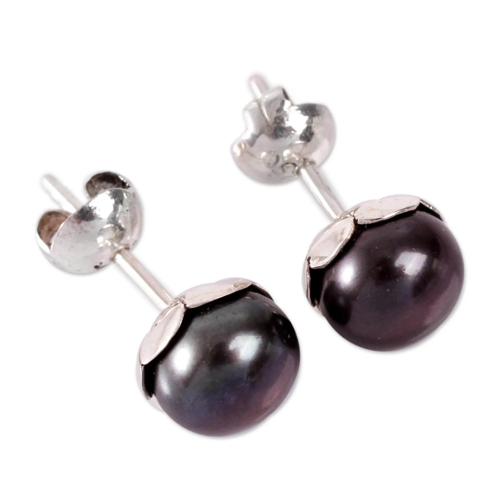 Black Nascent Flower Handcrafted Black Cultured Pearl Stud Earrings