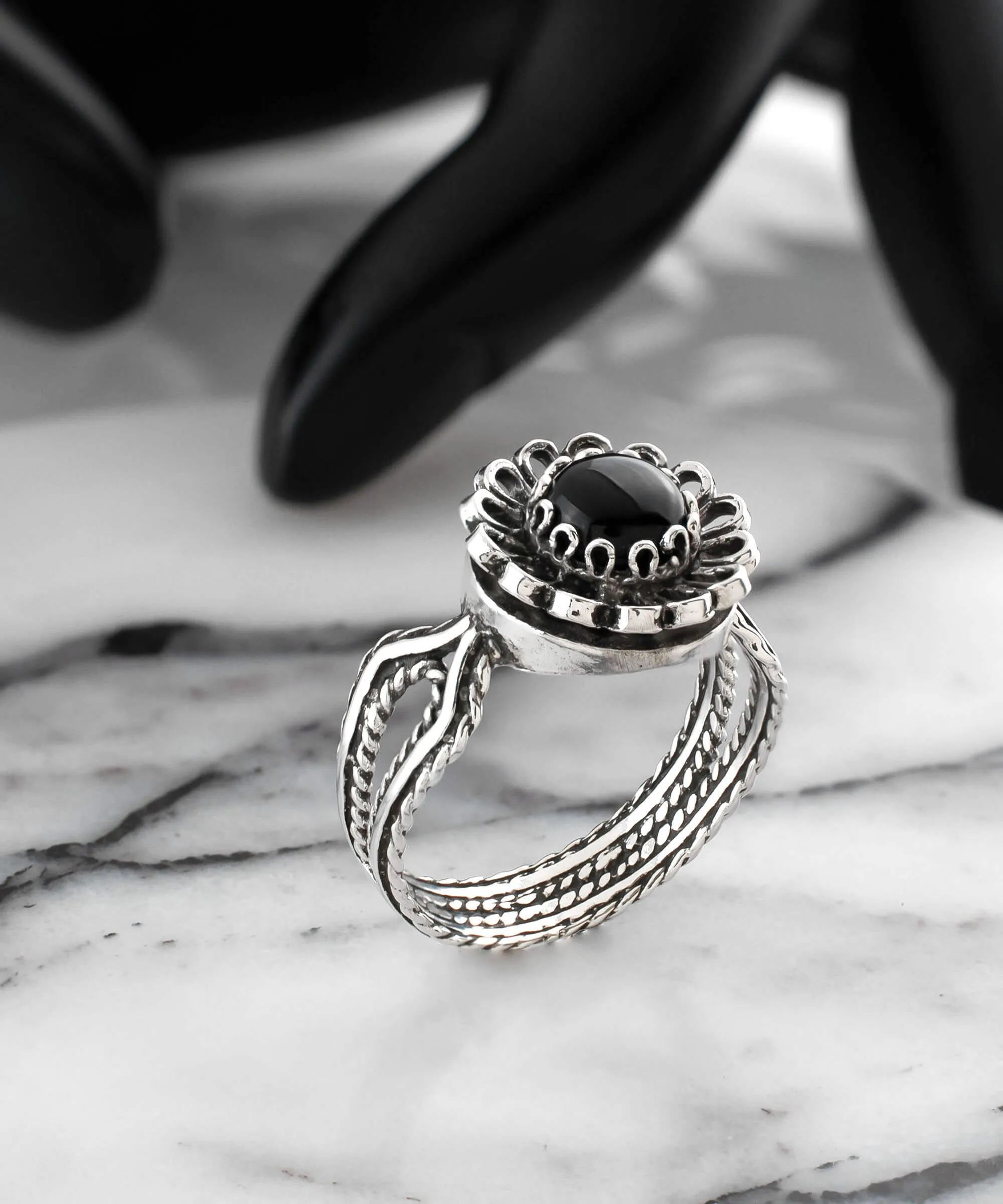 Black Onyx Gemstone Sterling Silver Women Cocktail Ring