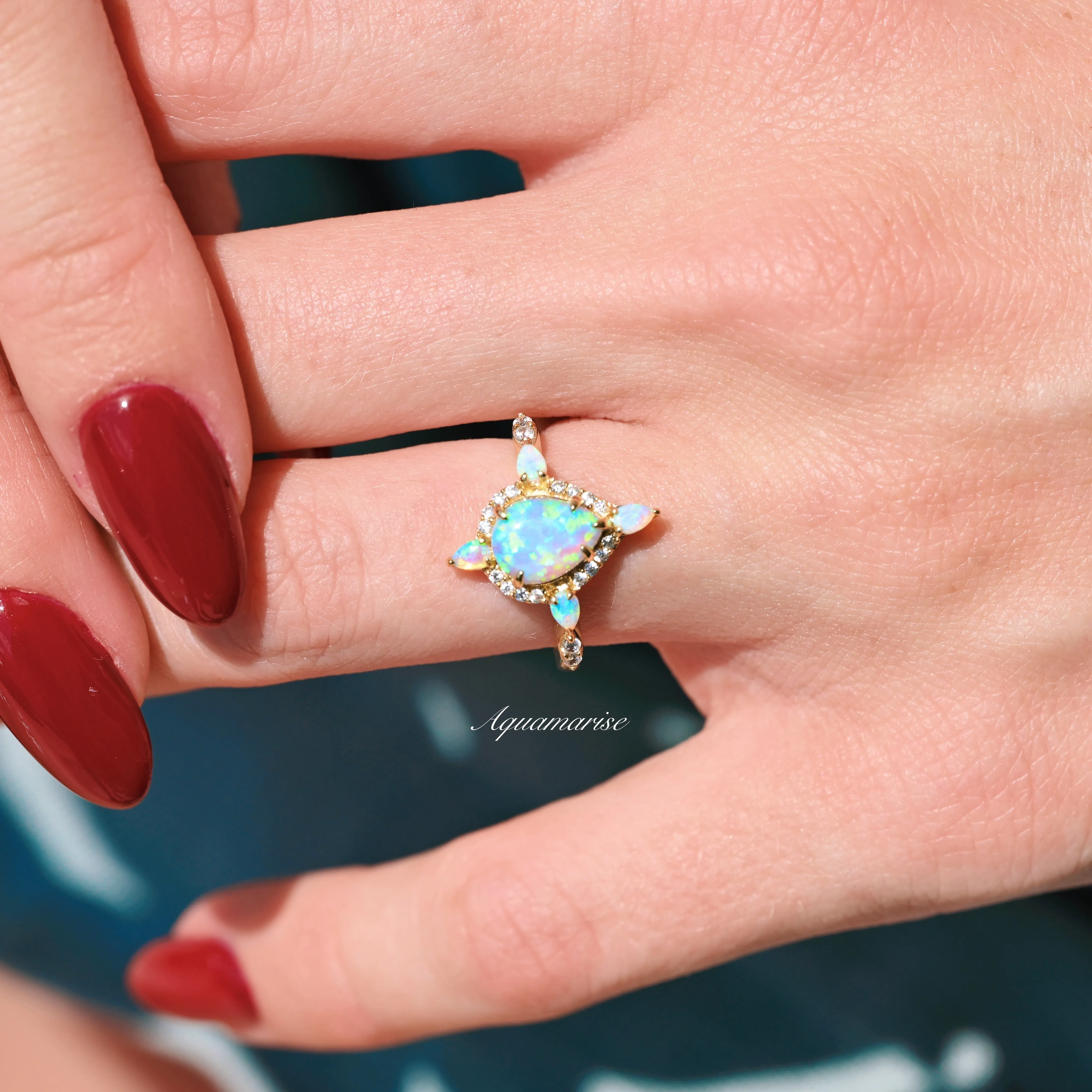 Blue Fire Opal Engagement Ring- 14K Yellow Gold Vermeil